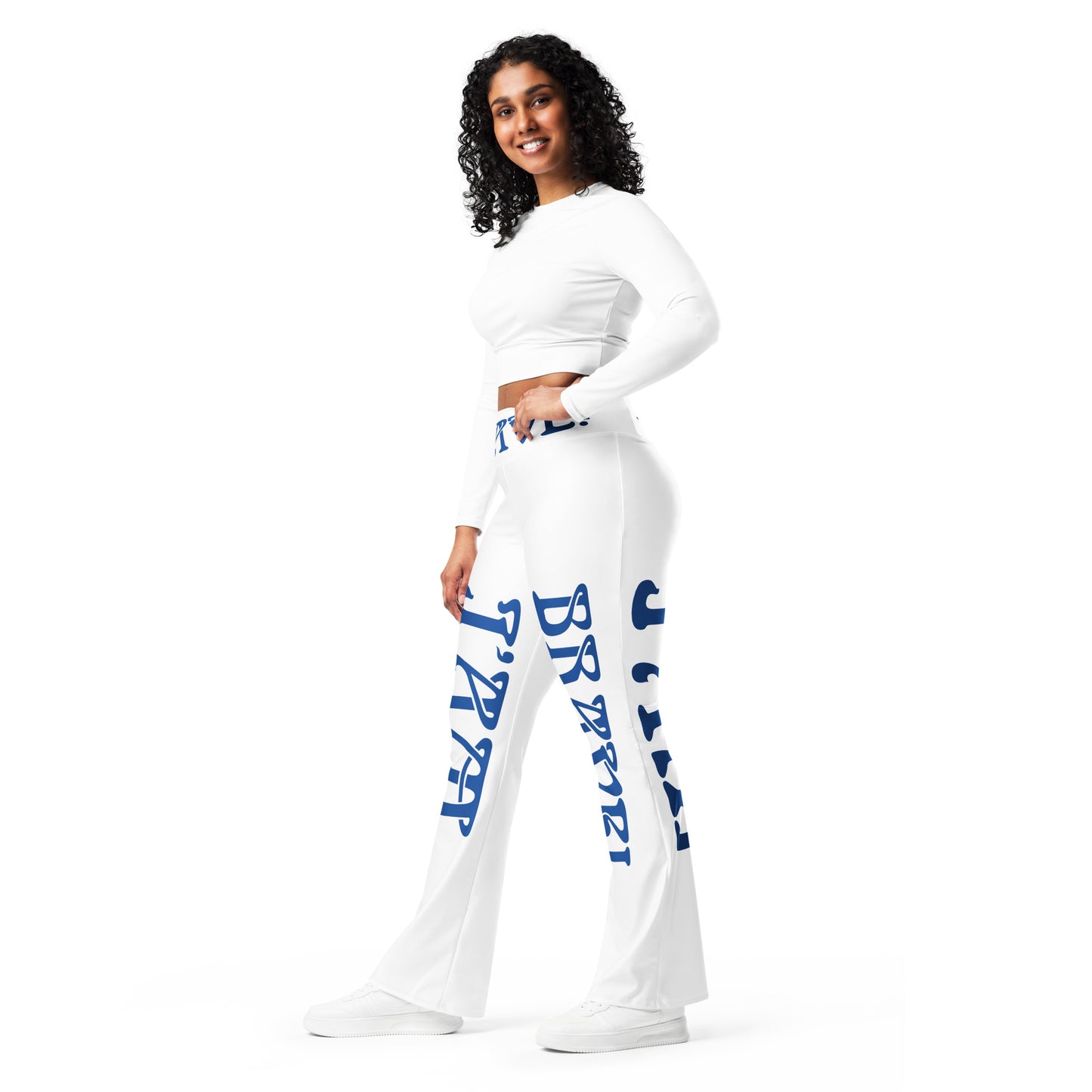 “I’AM BRAVE!” White Flare Leggings W/Blue Font
