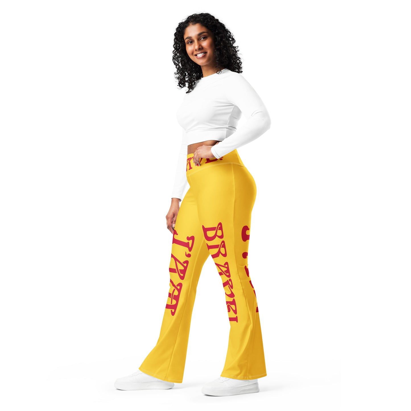 “I’AM BRAVE!” Yellow Flare Leggings W/Red Font