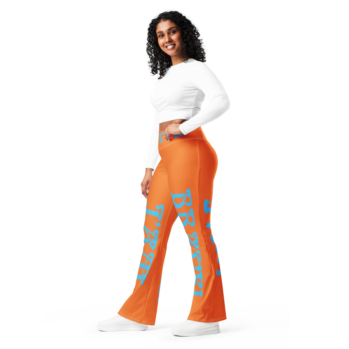 “I’AM BRAVE!” Orange Flare Leggings W/SkyBlue Font
