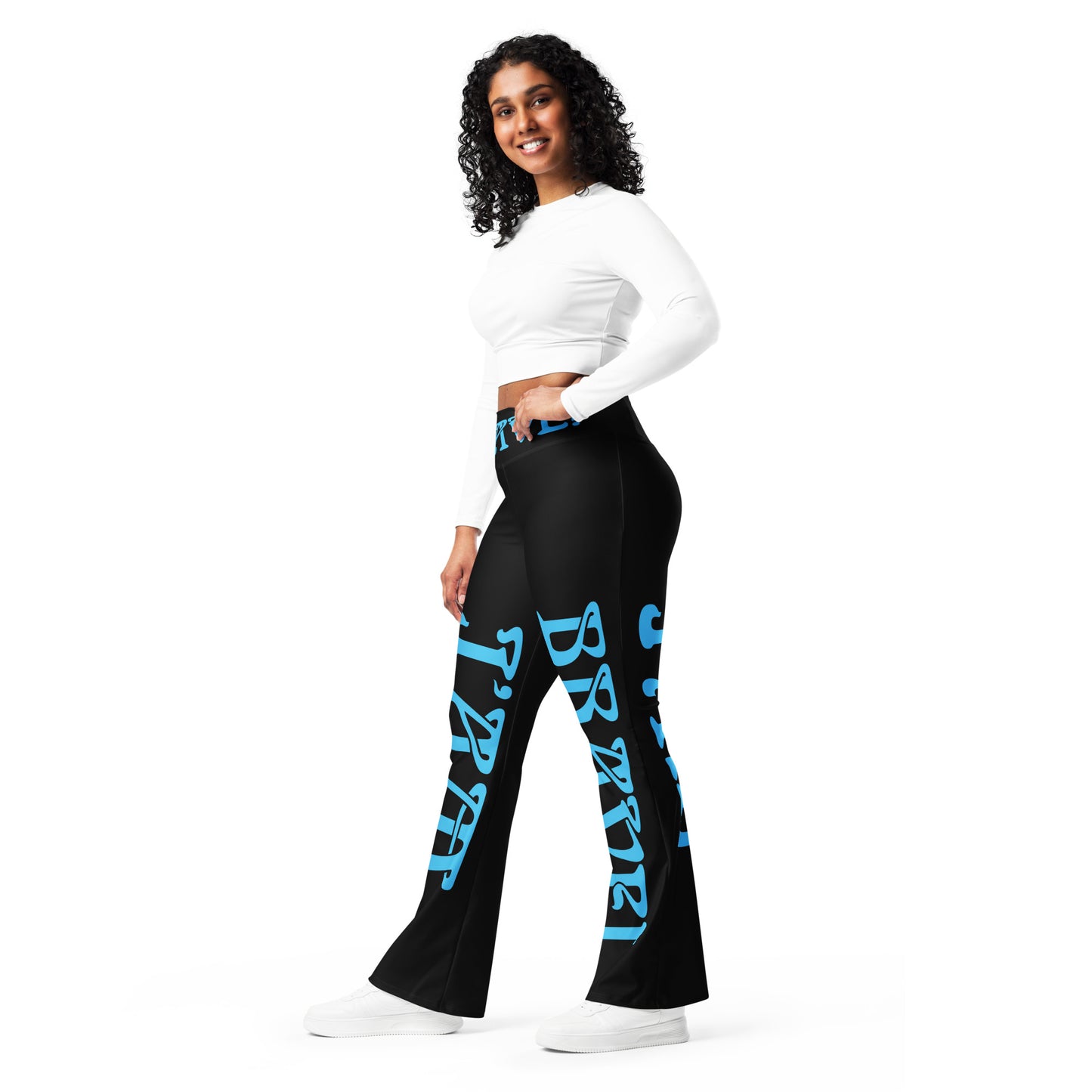 “I’AM BRAVE!” Black Flare Leggings W/SkyBlue Font