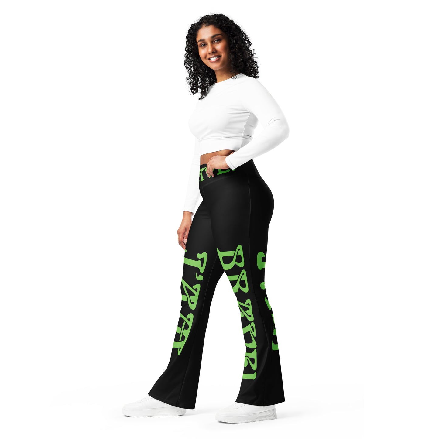 “I’AM BRAVE!” Black Flare Leggings W/Green Font
