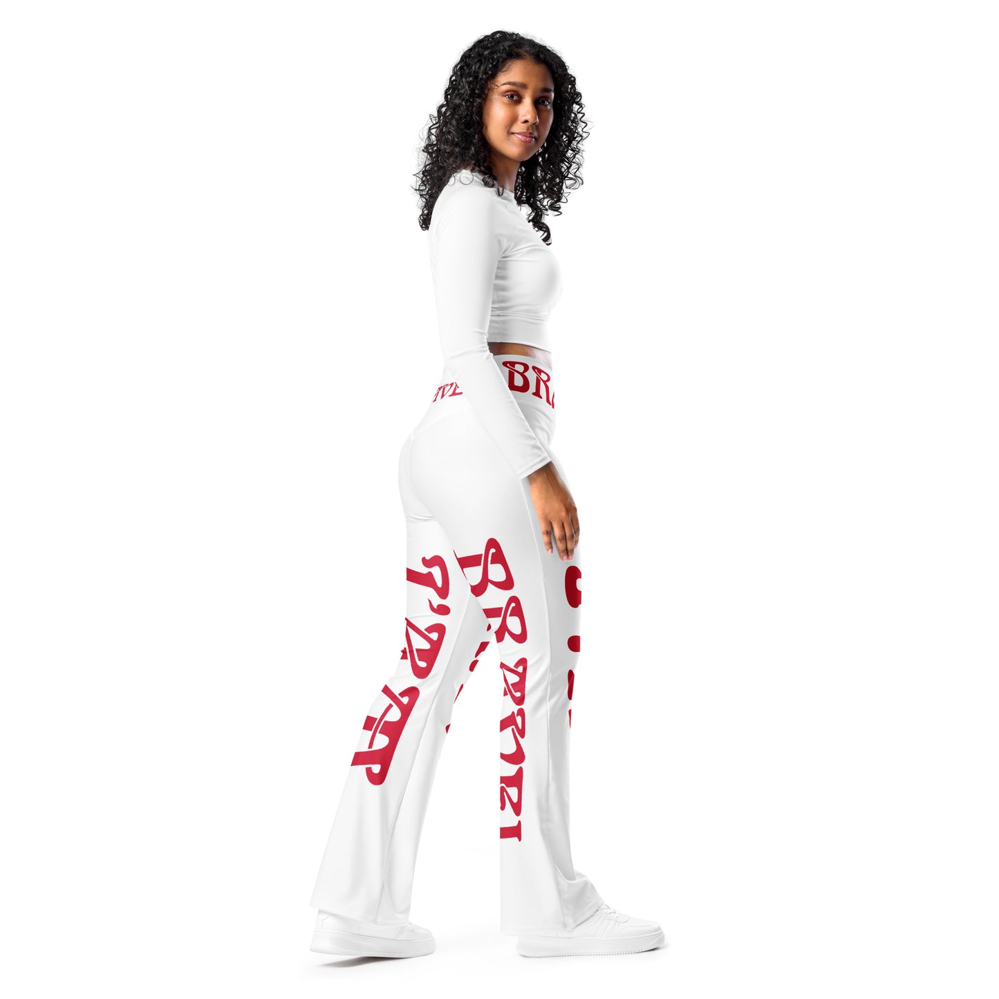 “I’AM BRAVE!” White Flare Leggings W/Red Font