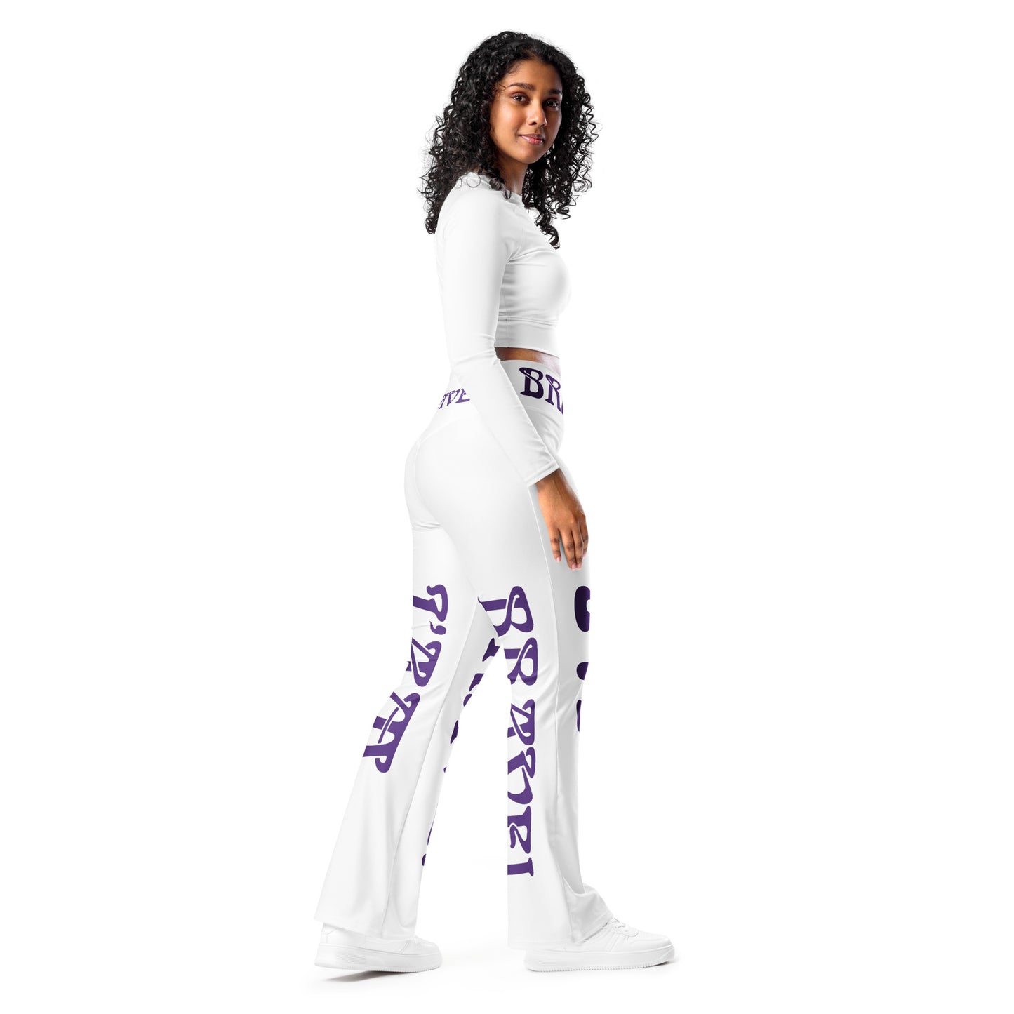 “I’AM BRAVE!” White Flare Leggings W/Purple Font
