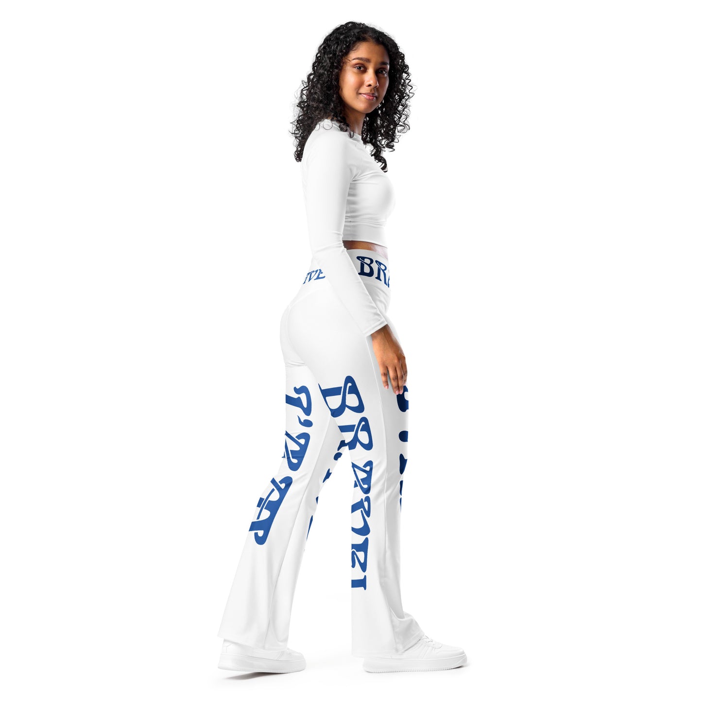 “I’AM BRAVE!” White Flare Leggings W/Blue Font