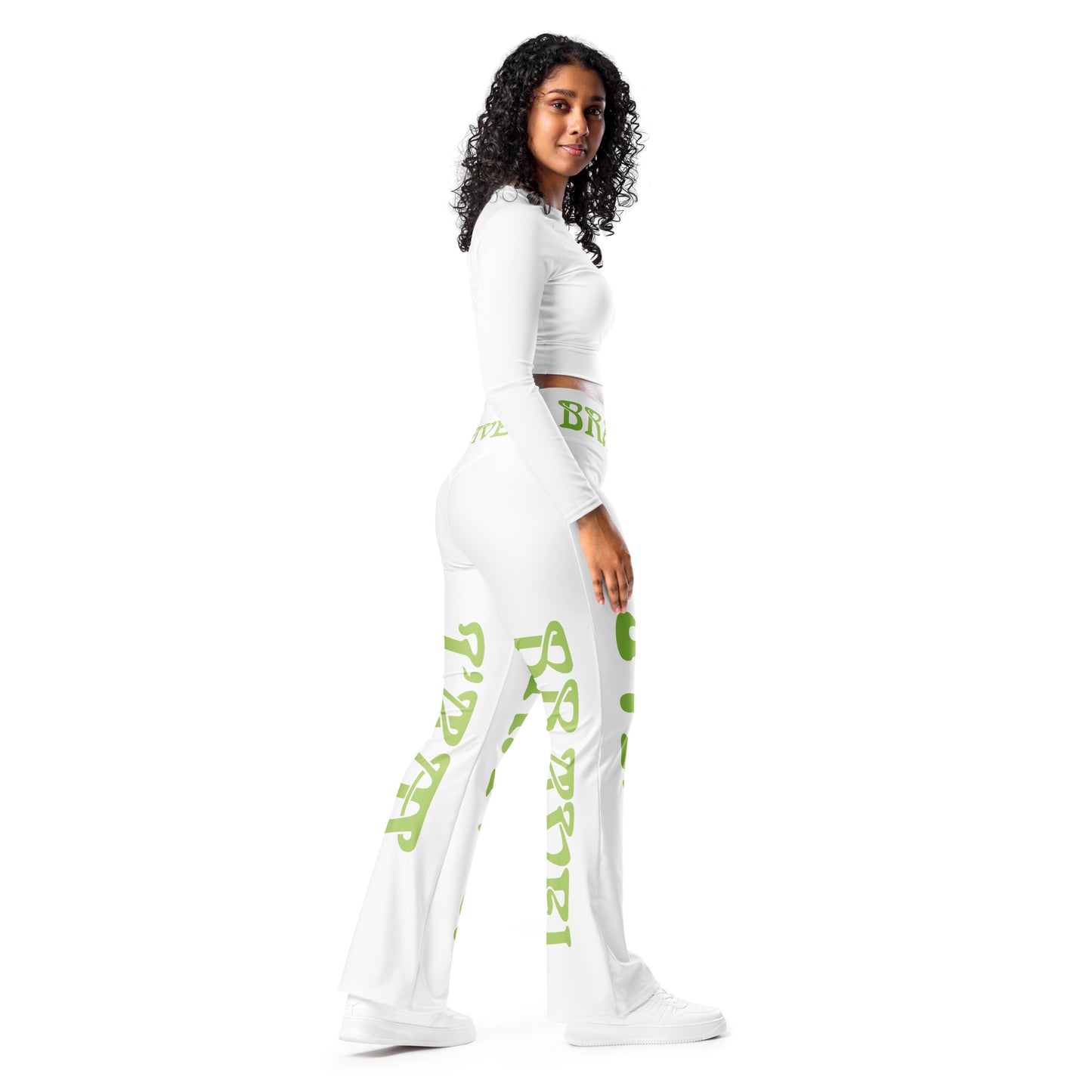 “I’AM BRAVE!” White Flare Leggings W/Conifer Font