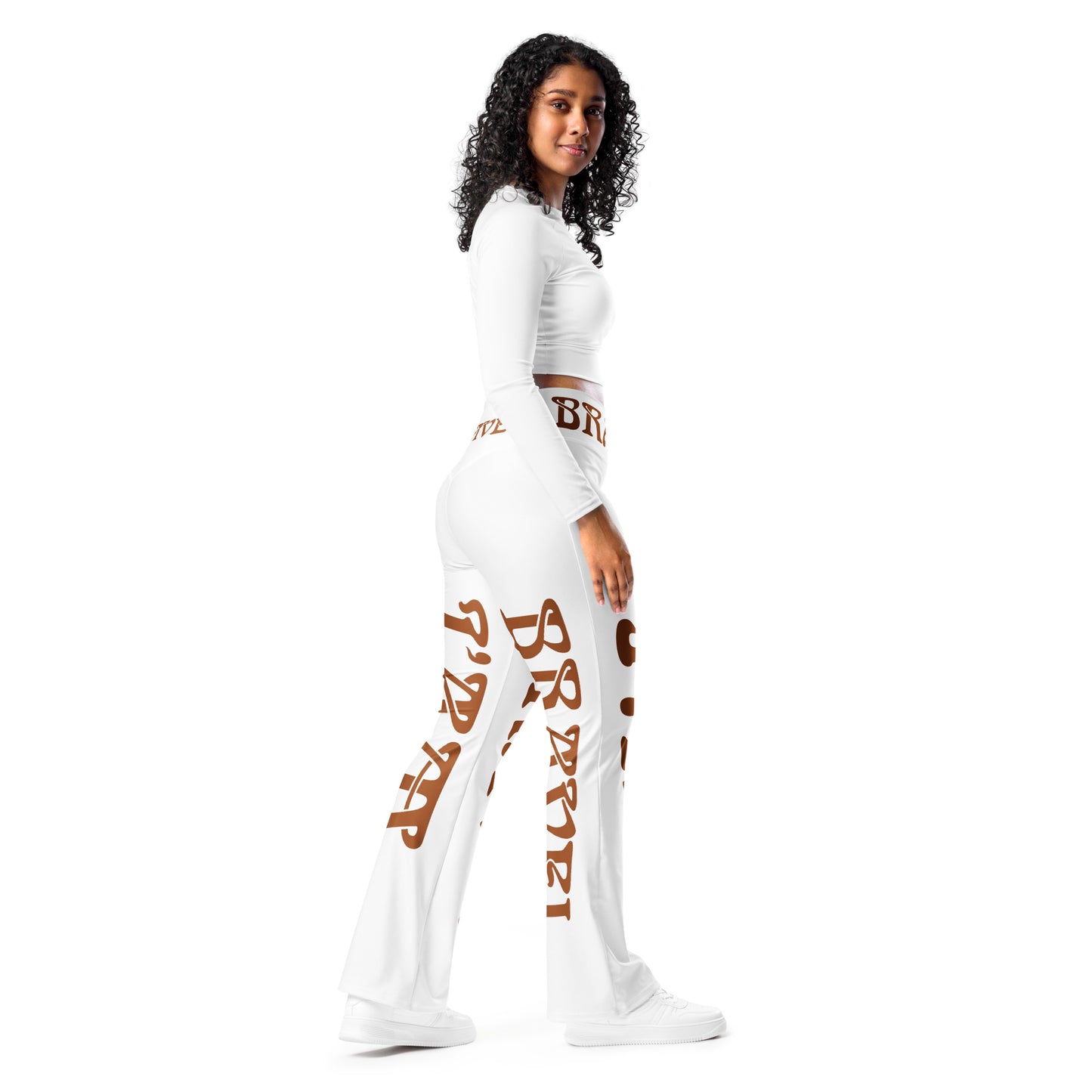“I’AM BRAVE!”White Flare Leggings W/Brown Font