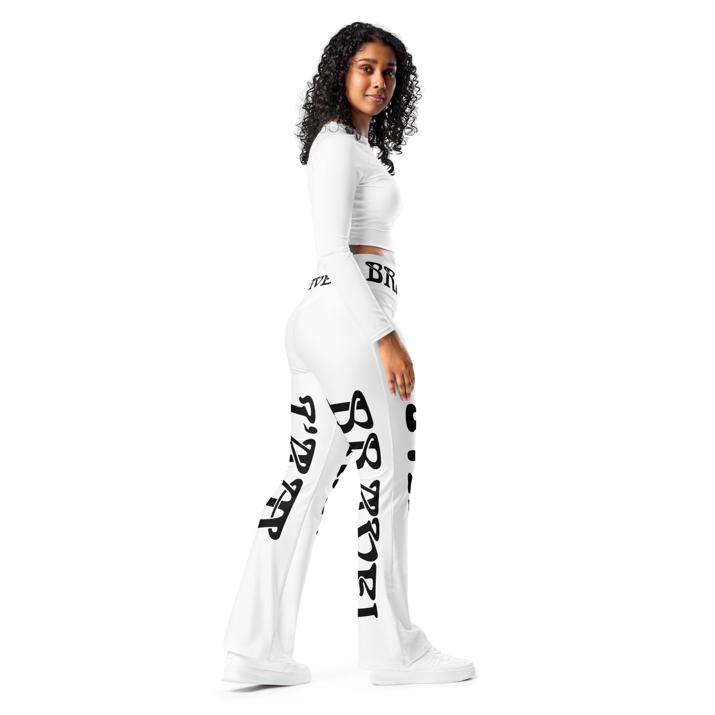“I’AM BRAVE!” White Flare Leggings W/Black Font
