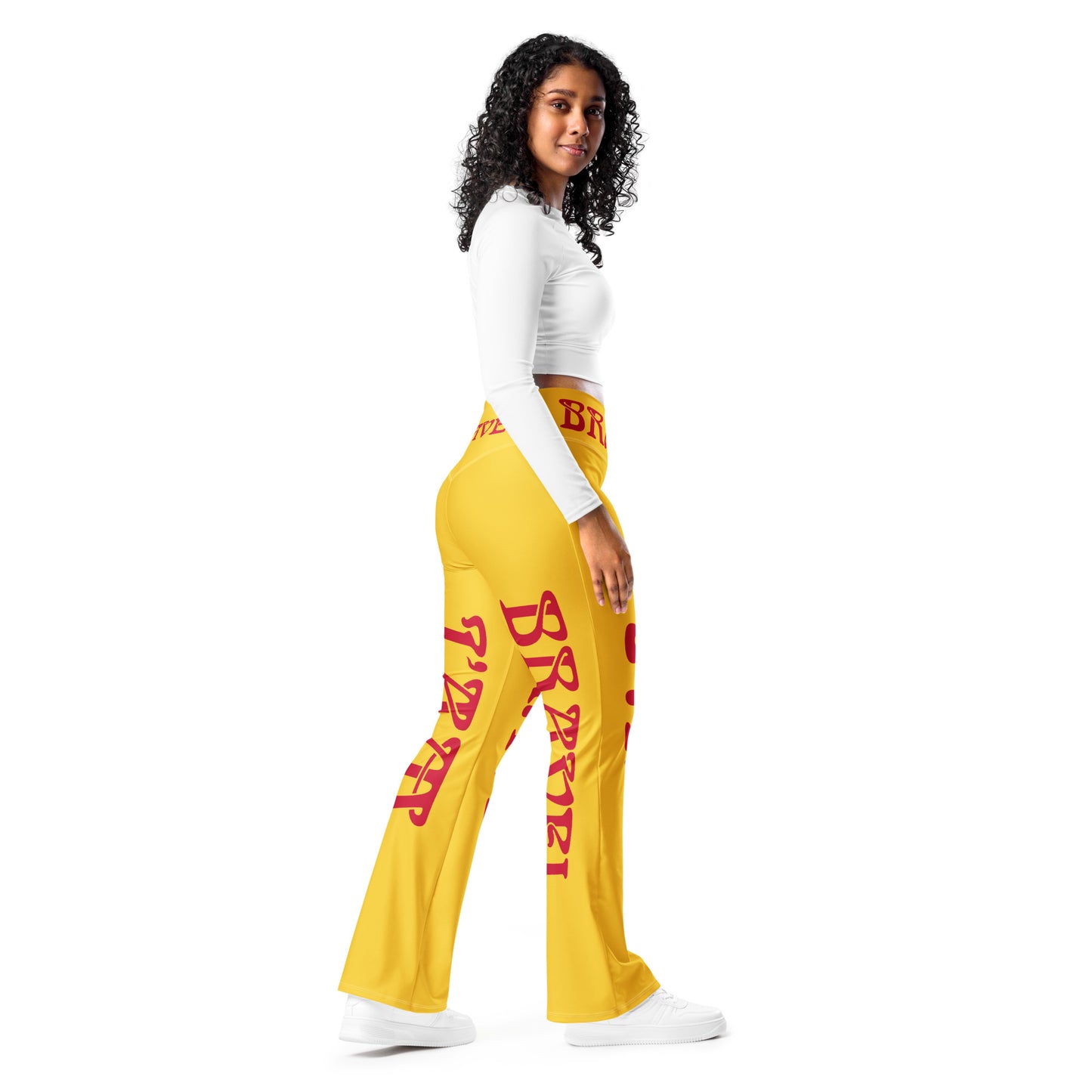 “I’AM BRAVE!” Yellow Flare Leggings W/Red Font