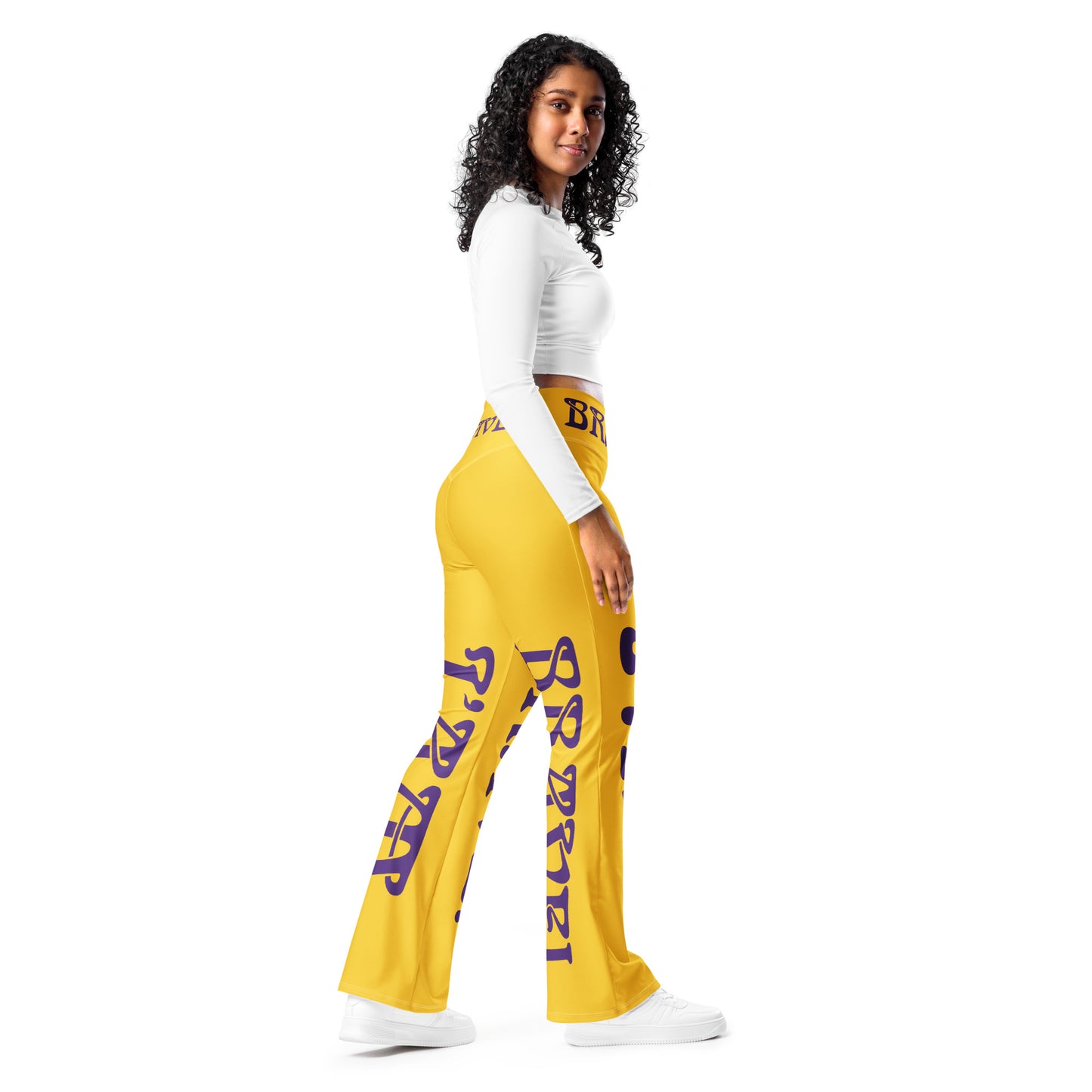 “I’AM BRAVE!” Yellow Flare Leggings W/Purple Font