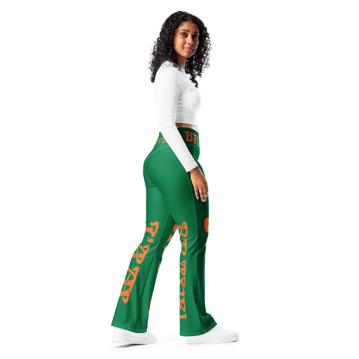 “I’AM BRAVE!” Green Flare Leggings W/Orange Font