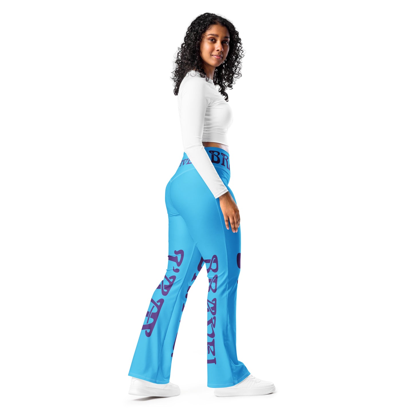 “I’AM BRAVE!” SkyBlue Flare Leggings W/Purple Font