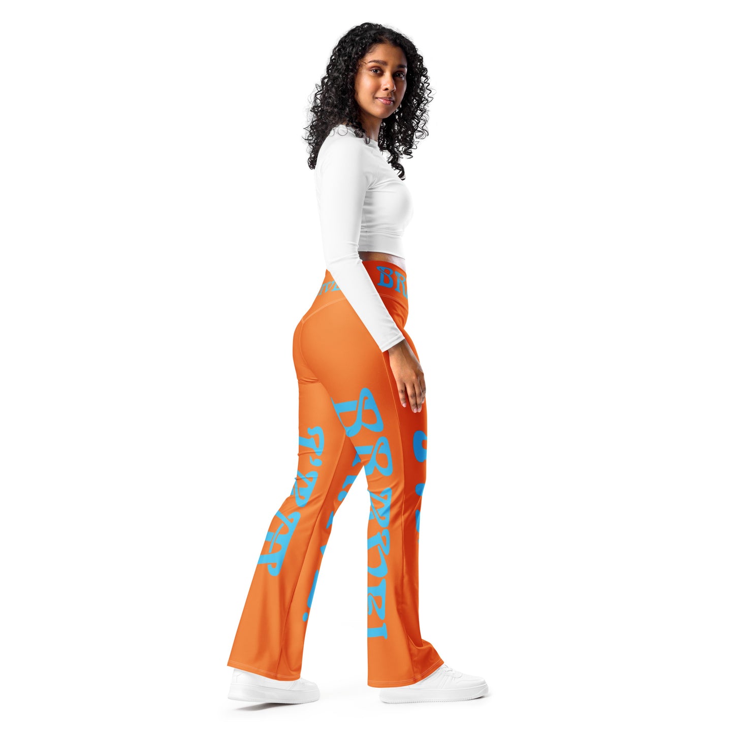 “I’AM BRAVE!” Orange Flare Leggings W/SkyBlue Font