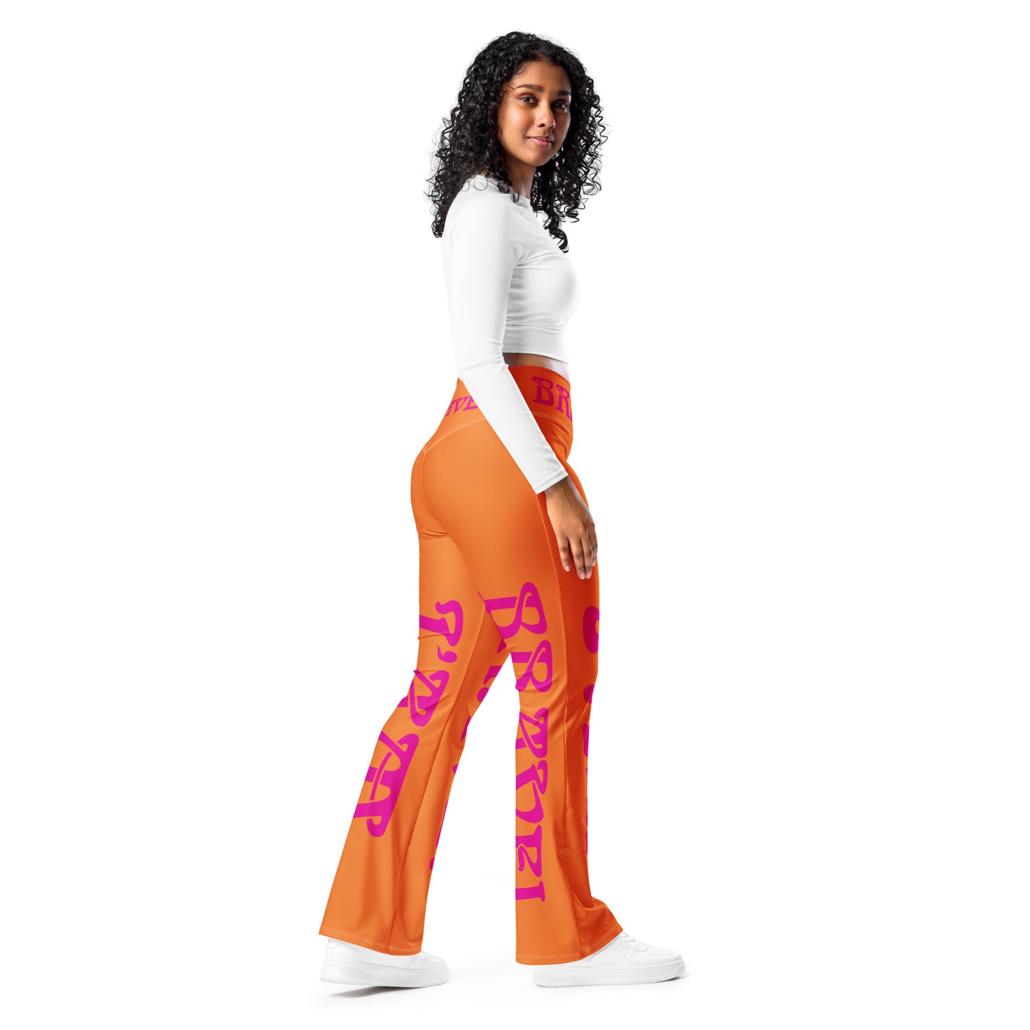 “I’AM BRAVE!” Orange Flare Leggings W/Violet Red Font