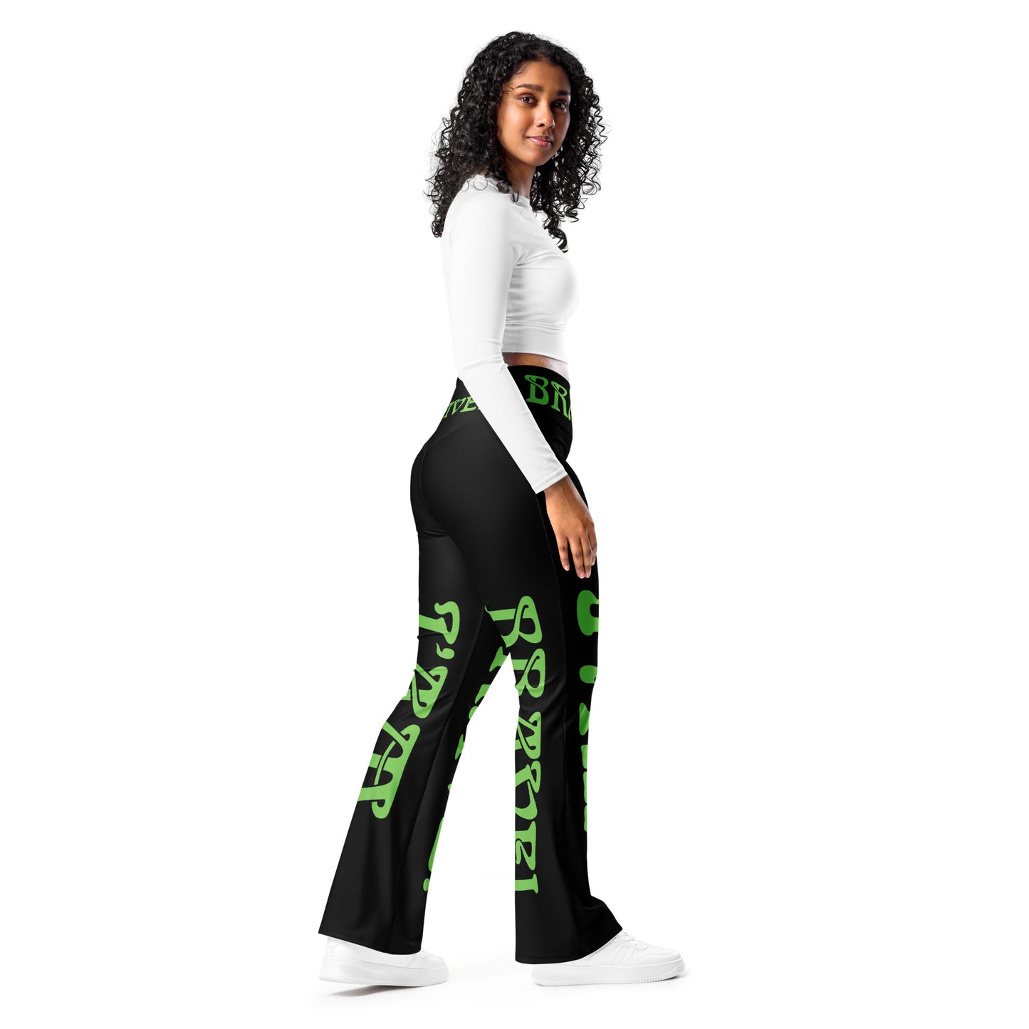 “I’AM BRAVE!” Black Flare Leggings W/Green Font