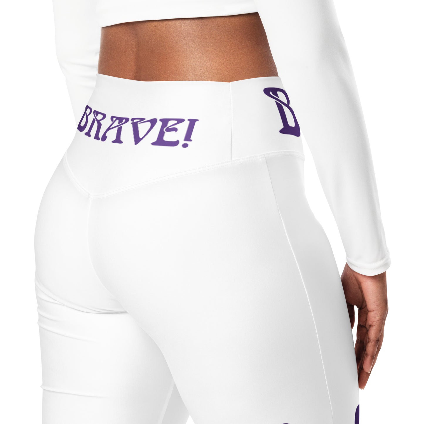 “I’AM BRAVE!” White Flare Leggings W/Purple Font