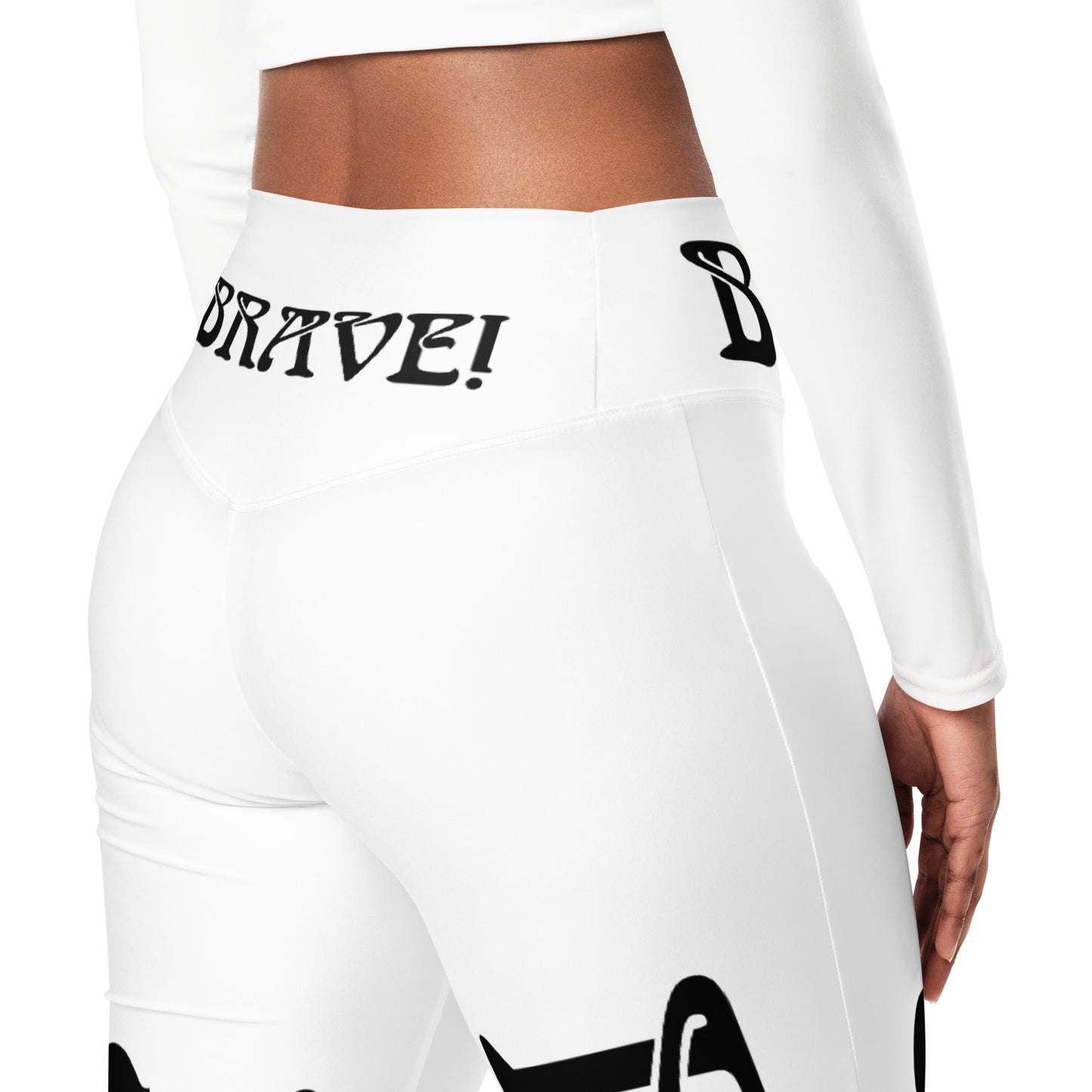 “I’AM BRAVE!” White Flare Leggings W/Black Font