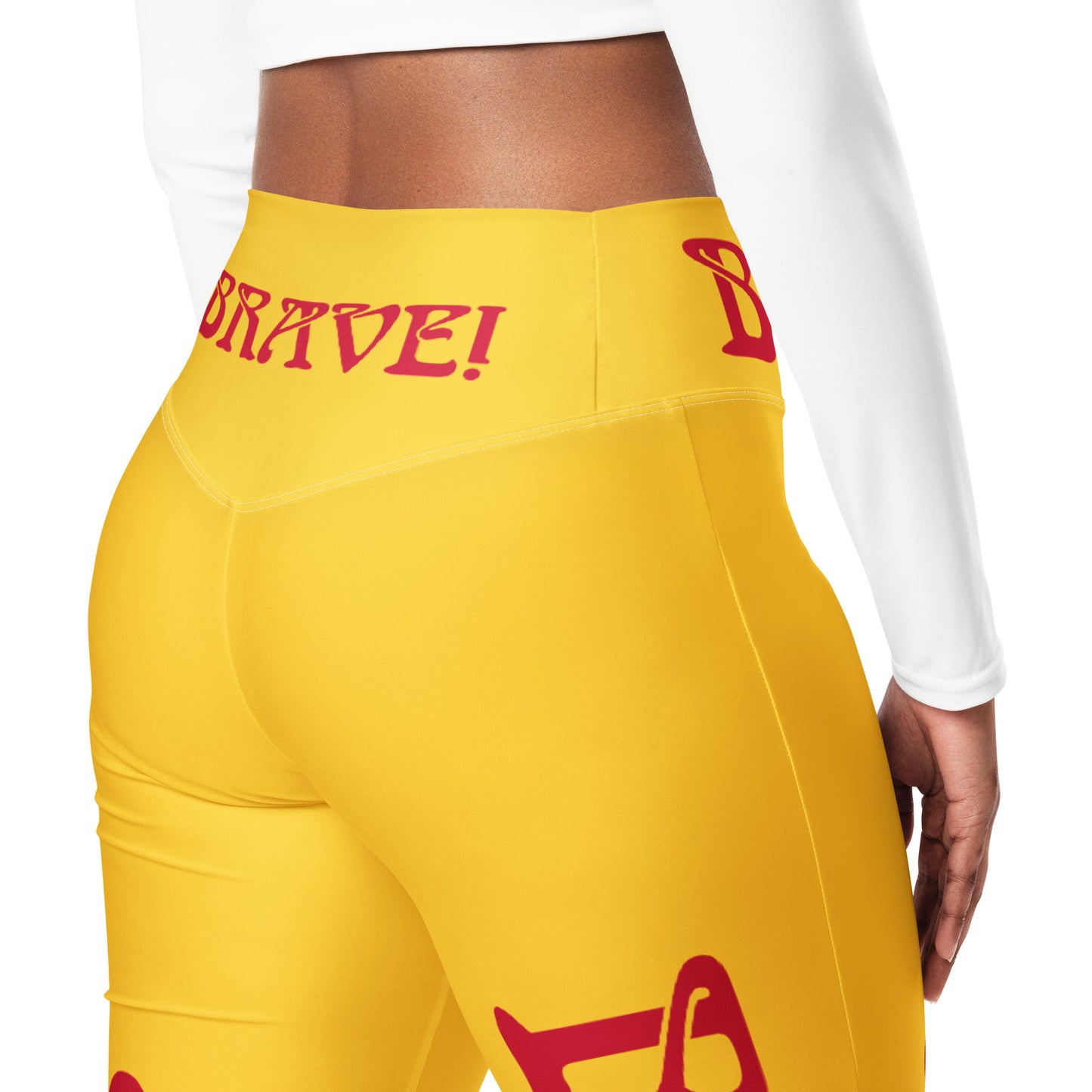 “I’AM BRAVE!” Yellow Flare Leggings W/Red Font