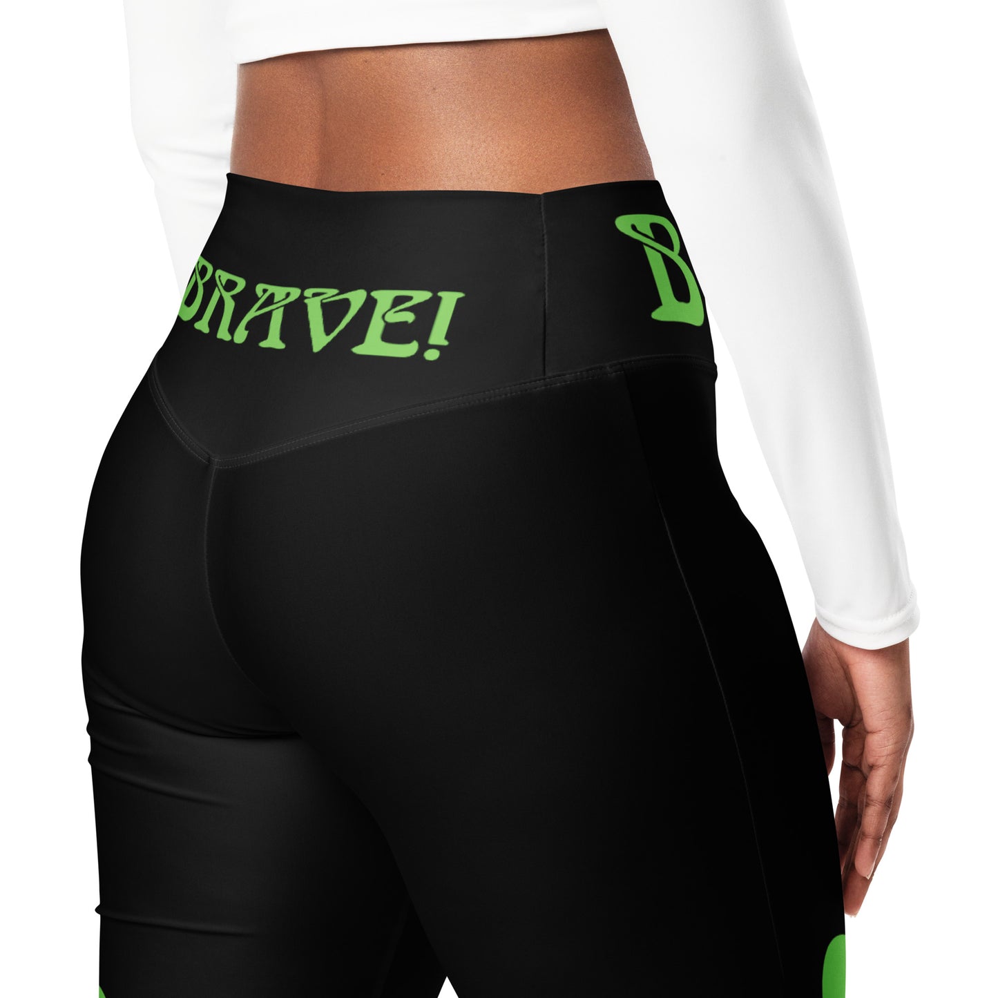 “I’AM BRAVE!” Black Flare Leggings W/Green Font