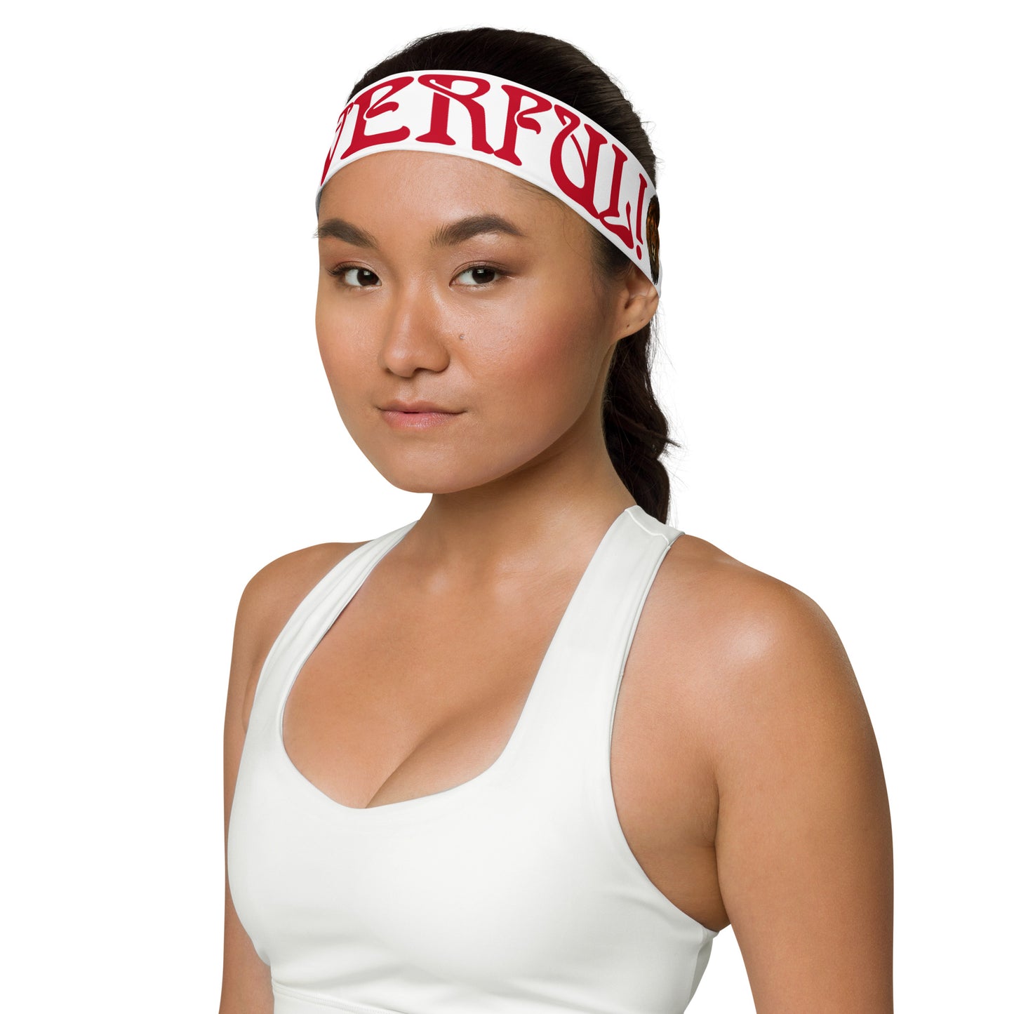 “POWERFUL!”White Headband W/Red Font