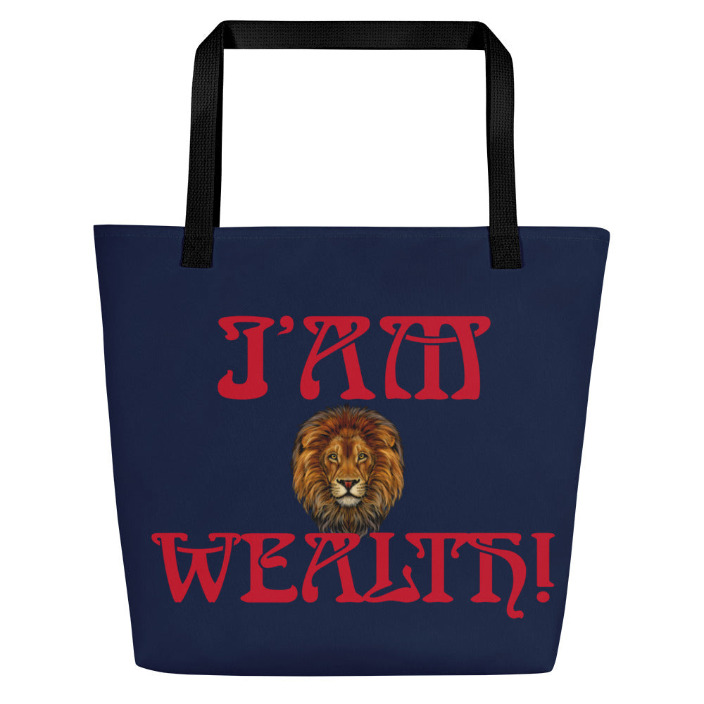 “SUCCESS,WEALTH ARE IN MY DNA!”Navy All-Over Print Large Tote Bag W/Red Font