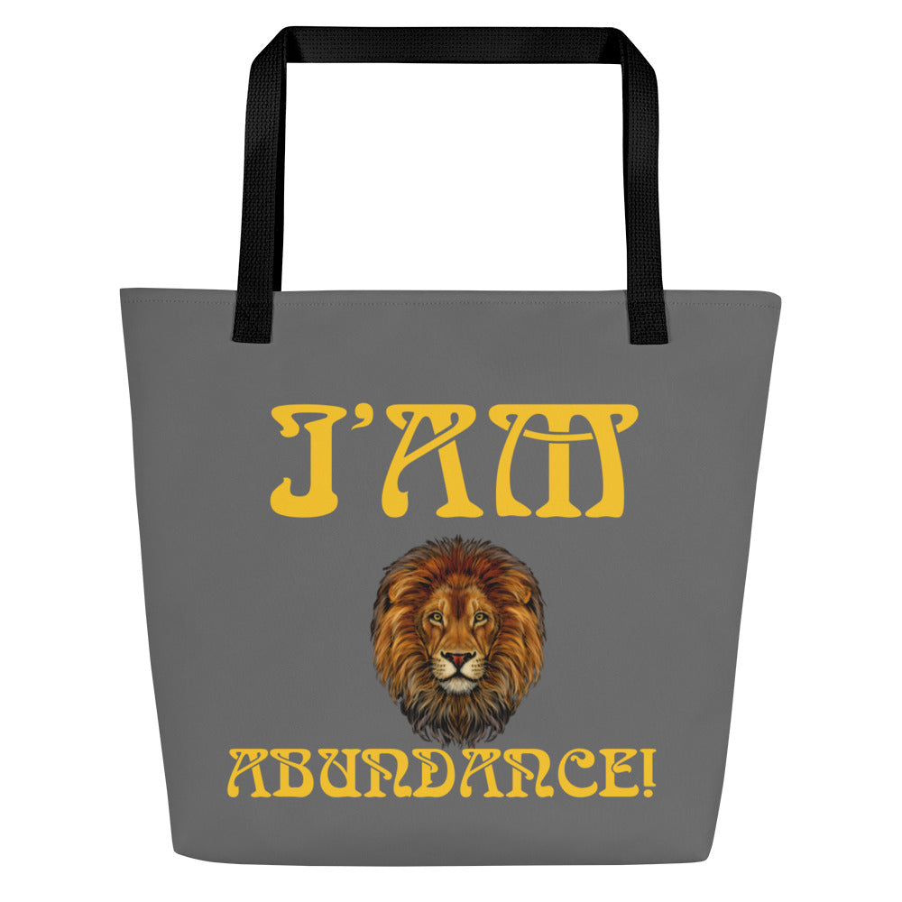 “I’AM ABUNDANCE!”Grey All-Over Print Large Tote Bag W/Yellow Font