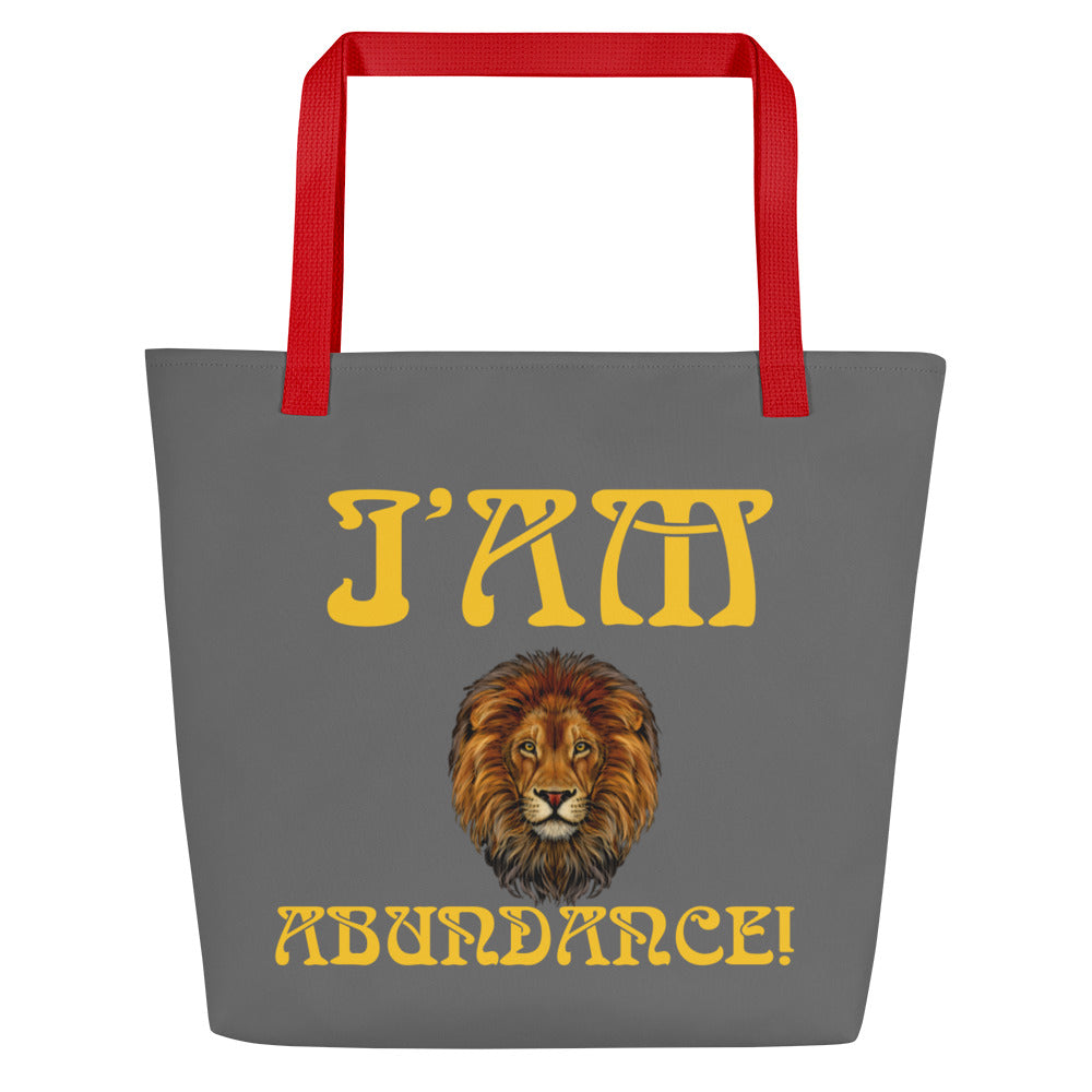 “I’AM ABUNDANCE!”Grey All-Over Print Large Tote Bag W/Yellow Font