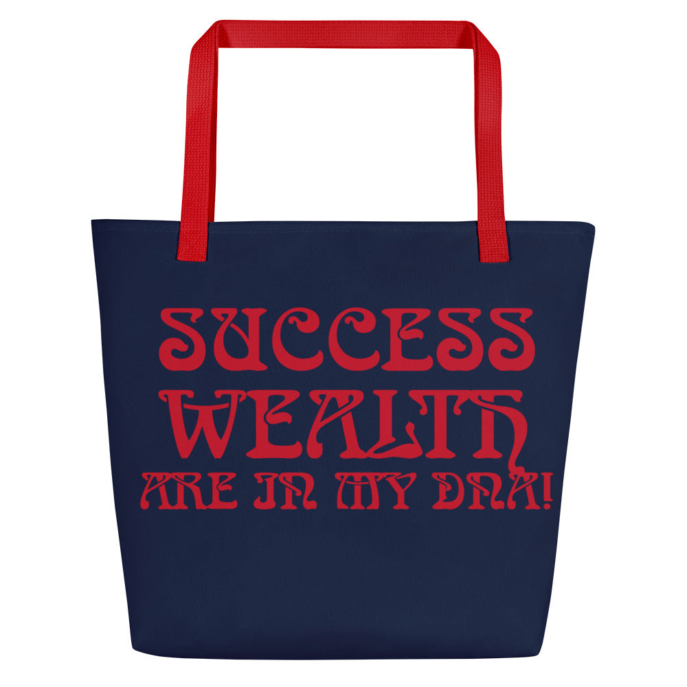 “SUCCESS,WEALTH ARE IN MY DNA!”Navy All-Over Print Large Tote Bag W/Red Font