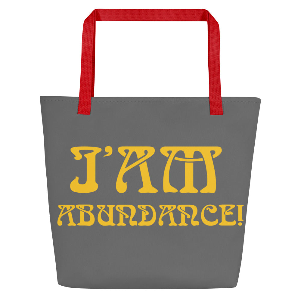 “I’AM ABUNDANCE!”Grey All-Over Print Large Tote Bag W/Yellow Font