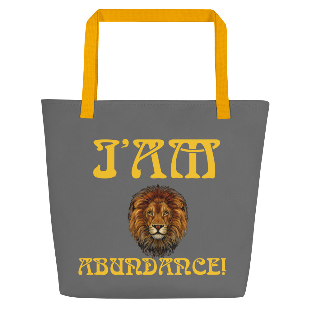 “I’AM ABUNDANCE!”Grey All-Over Print Large Tote Bag W/Yellow Font