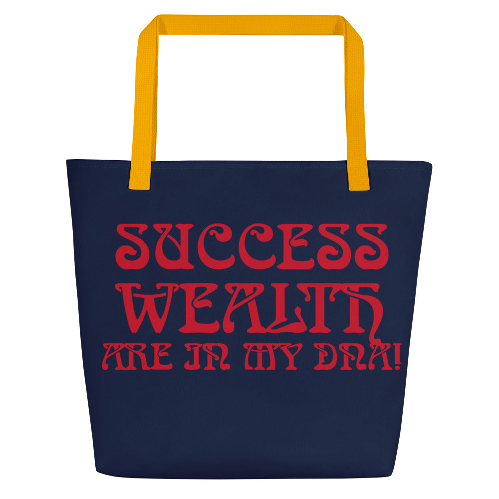 “SUCCESS,WEALTH ARE IN MY DNA!”Navy All-Over Print Large Tote Bag W/Red Font