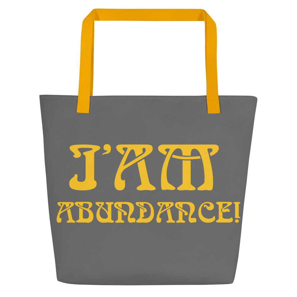 “I’AM ABUNDANCE!”Grey All-Over Print Large Tote Bag W/Yellow Font