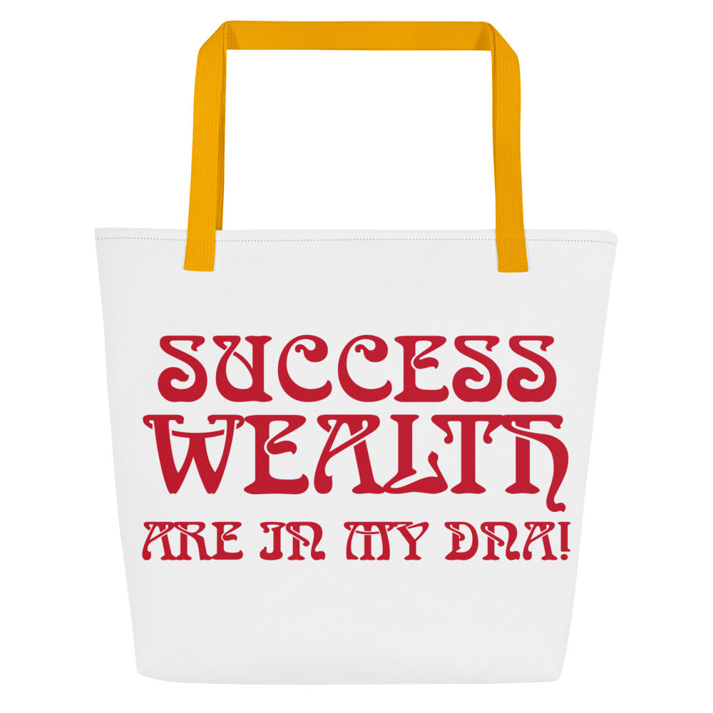 “SUCCESS,WEALTH ARE IN MY DNA!”White All-Over Print Large Tote Bag W/Red Font
