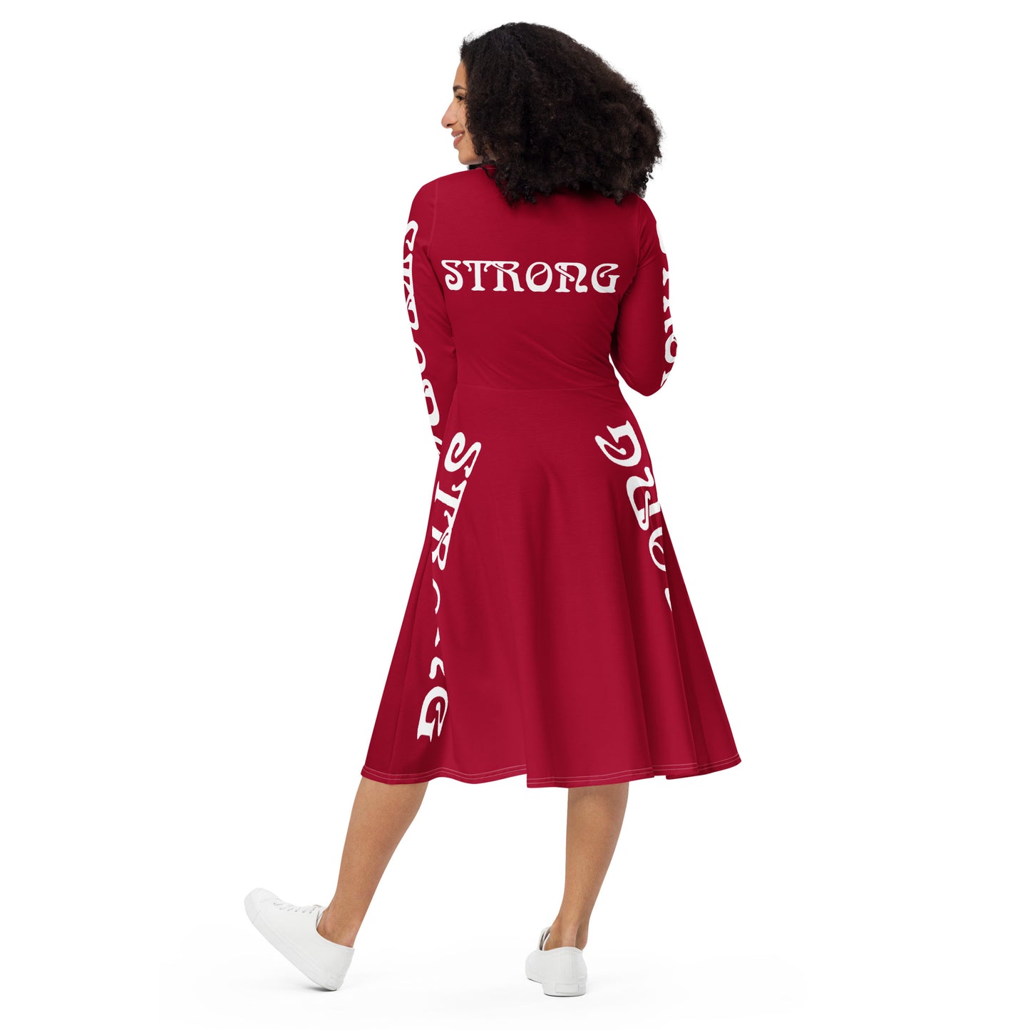 “STRONG”Red Long Sleeve Midi Dress W/White Font