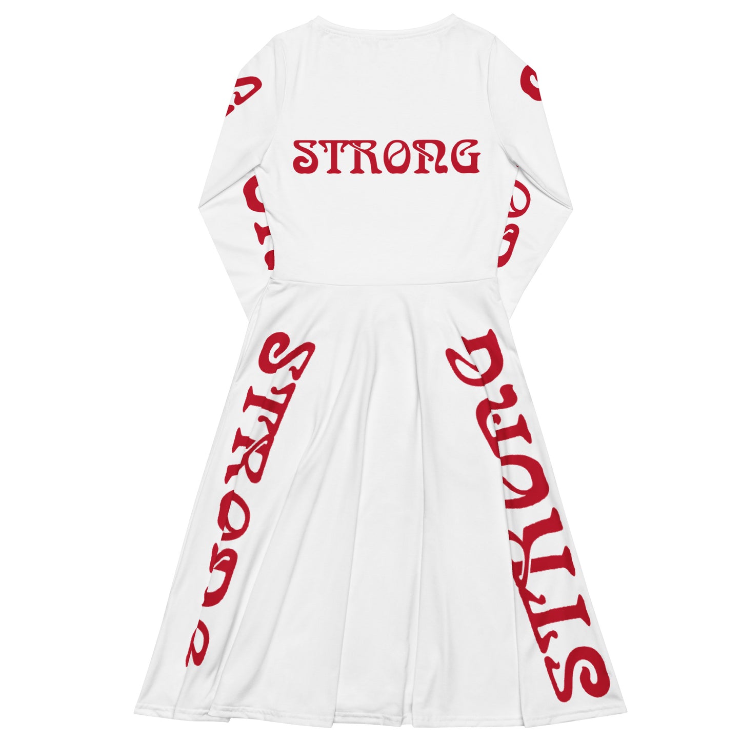 “STRONG”White Long Sleeve Midi Dress W/Red Font