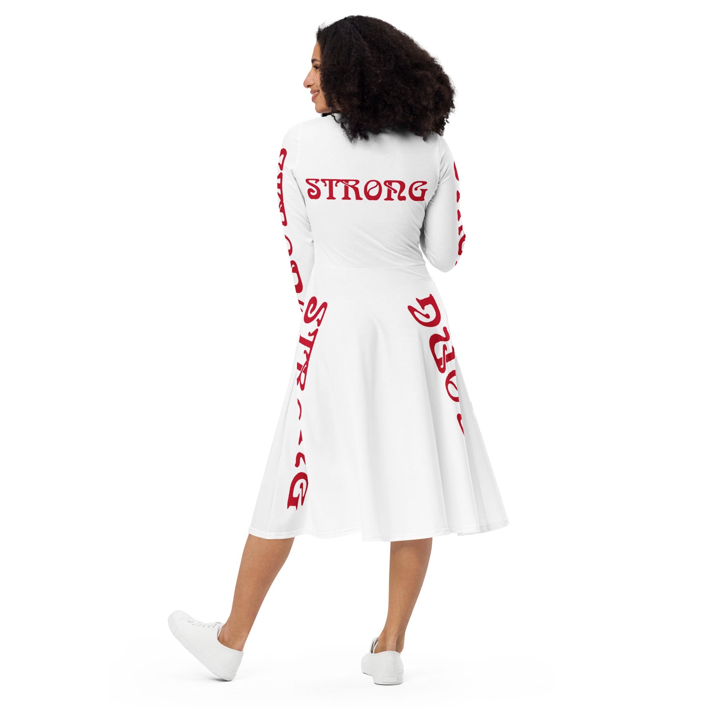 “STRONG”White Long Sleeve Midi Dress W/Red Font