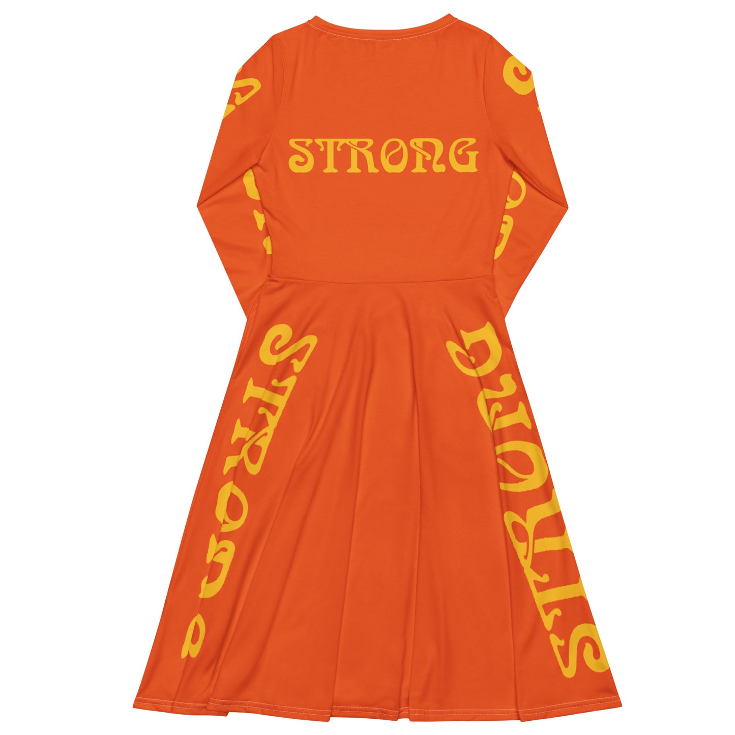 “STRONG”Orange Long Sleeve Midi Dress W/Yellow Font