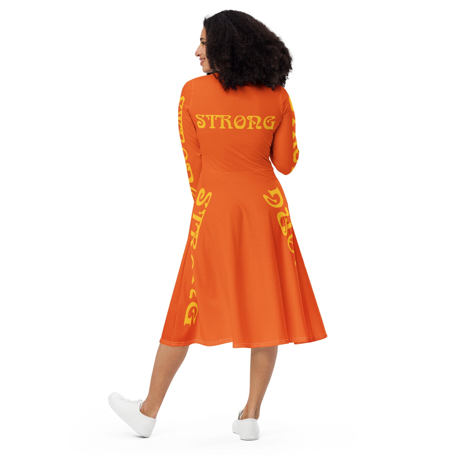 “STRONG”Orange Long Sleeve Midi Dress W/Yellow Font