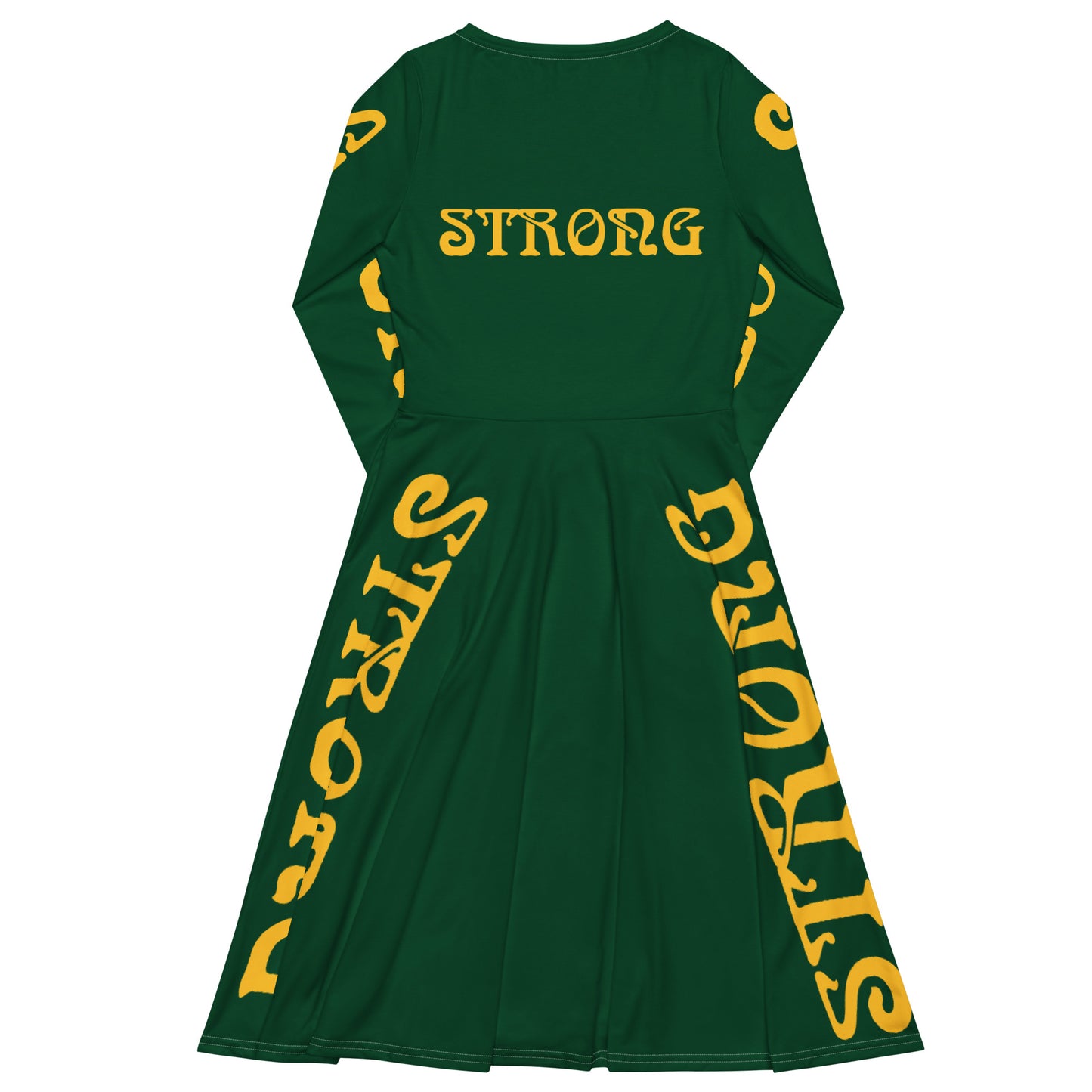 “STRONG”Green Long Sleeve Midi Dress W/Yellow Font