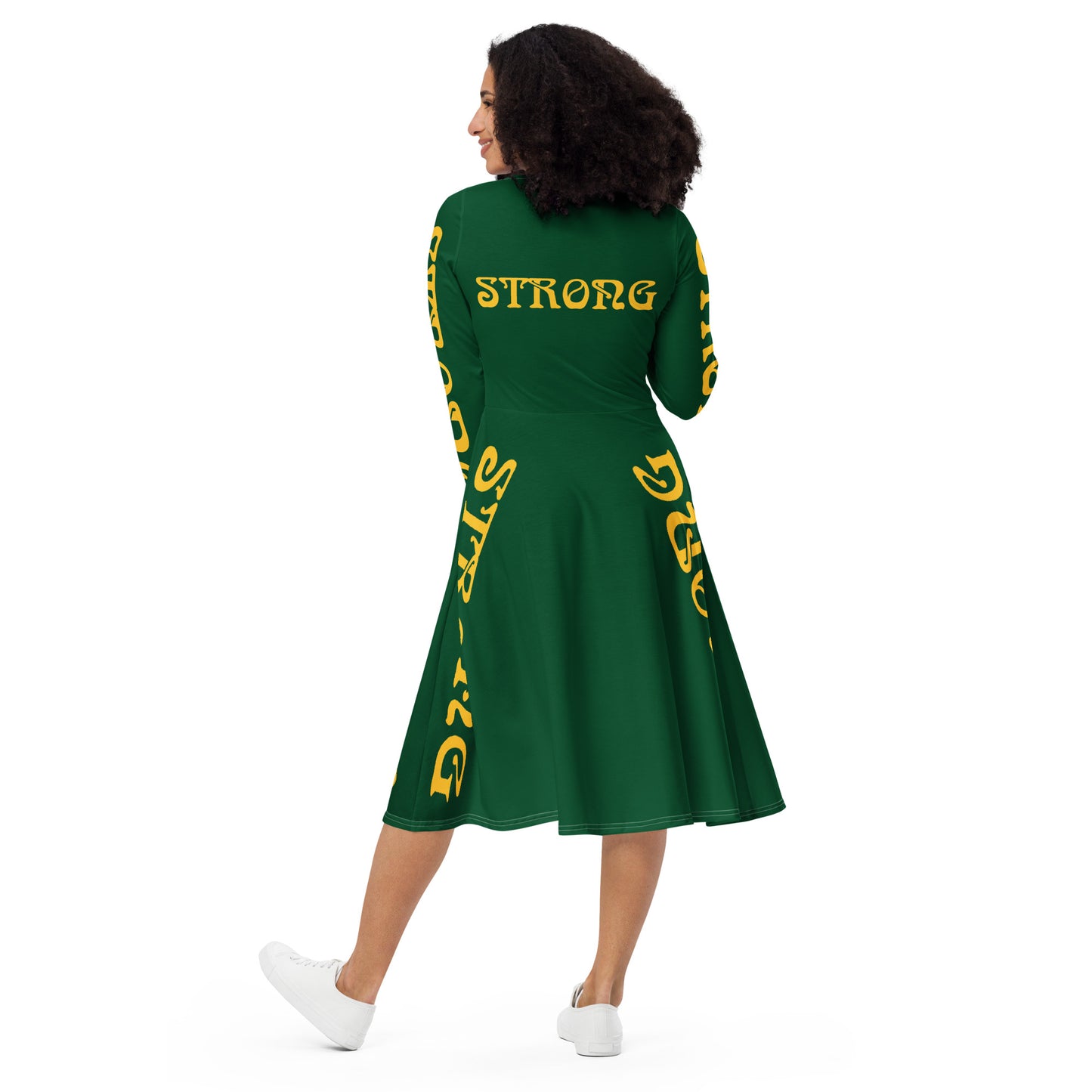 “STRONG”Green Long Sleeve Midi Dress W/Yellow Font