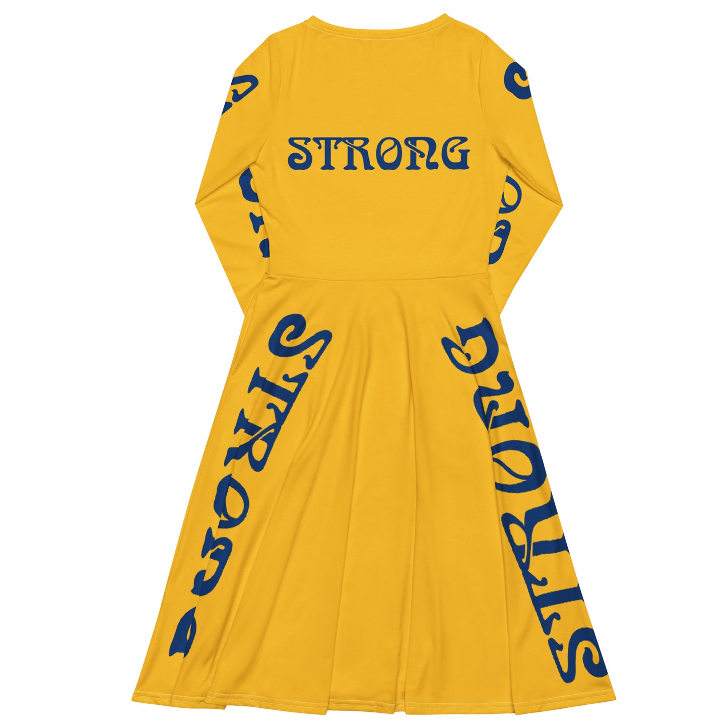“STRONG”Yellow Long Sleeve Midi Dress W/Blue Font
