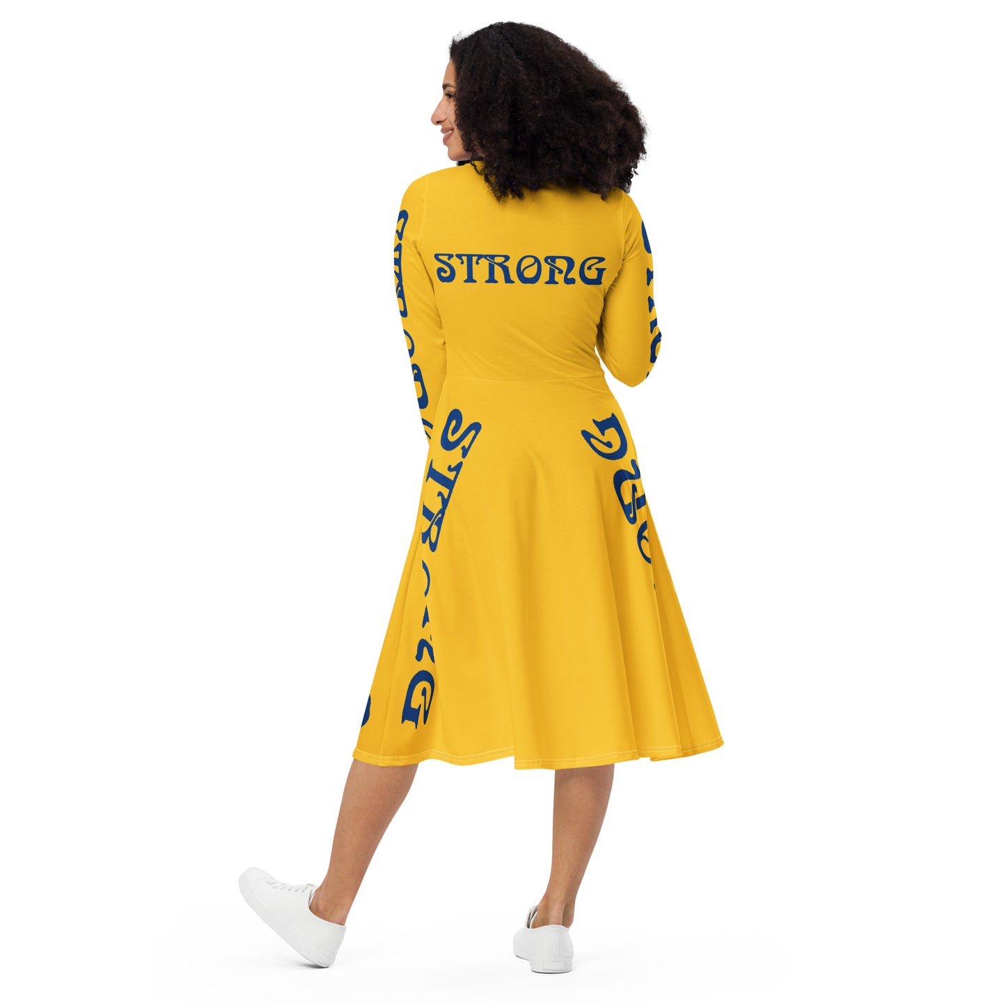 “STRONG”Yellow Long Sleeve Midi Dress W/Blue Font