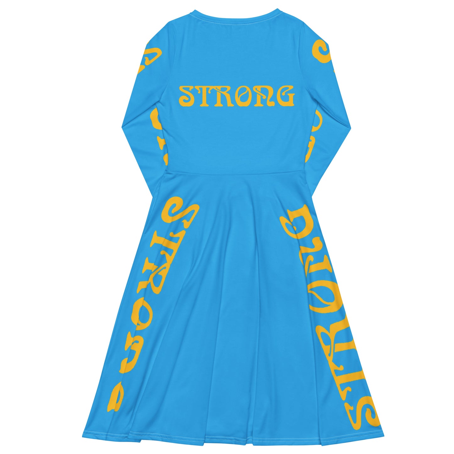 “STRONG”SkyBlue Long Sleeve Midi Dress W/Yellow Font