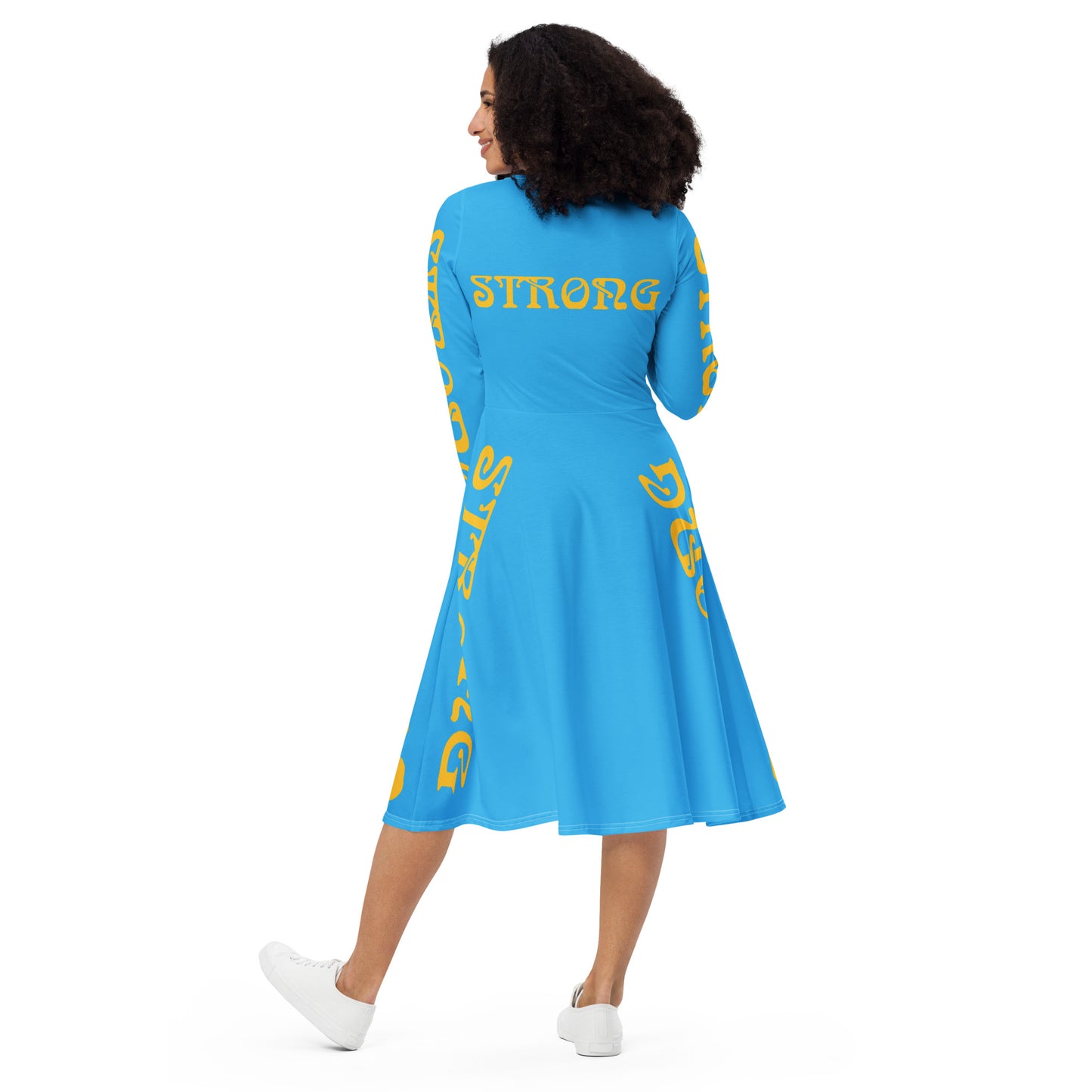 “STRONG”SkyBlue Long Sleeve Midi Dress W/Yellow Font