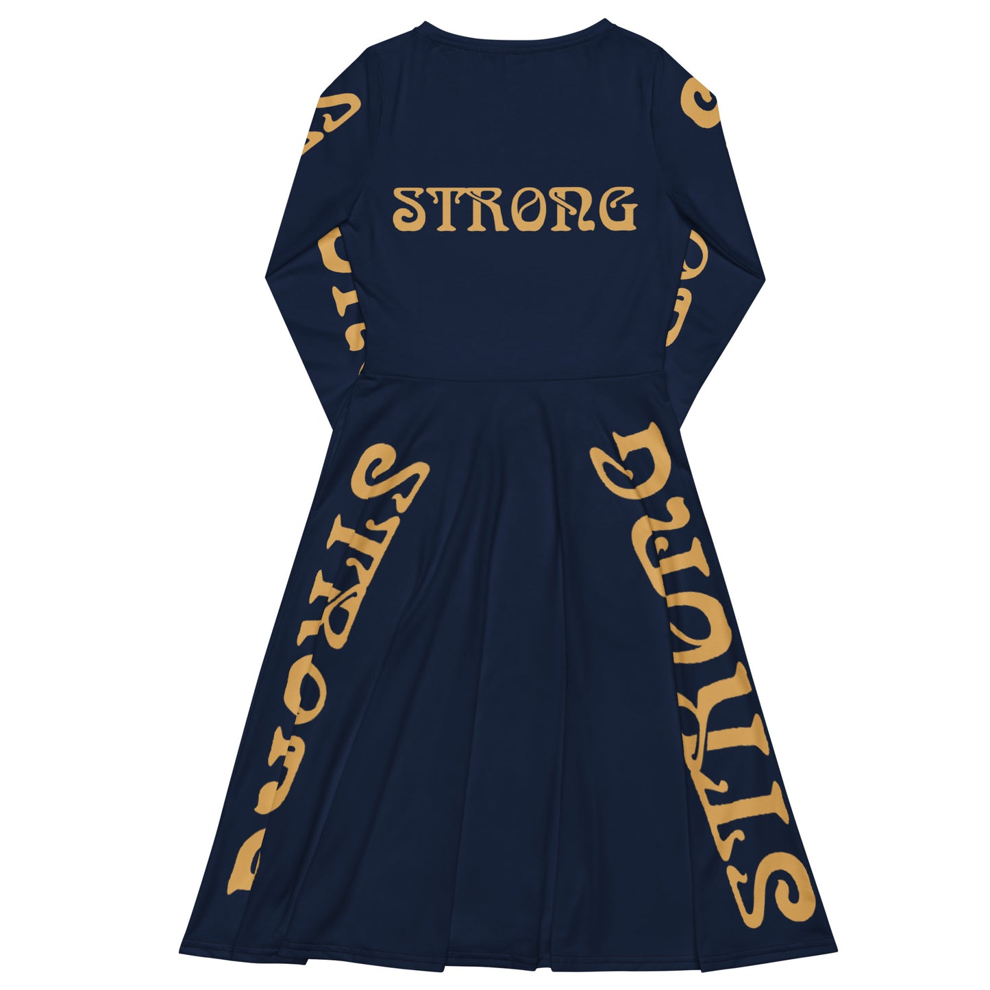 “STRONG”Navy-Blue Long Sleeve Midi Dress W/Fawn Font