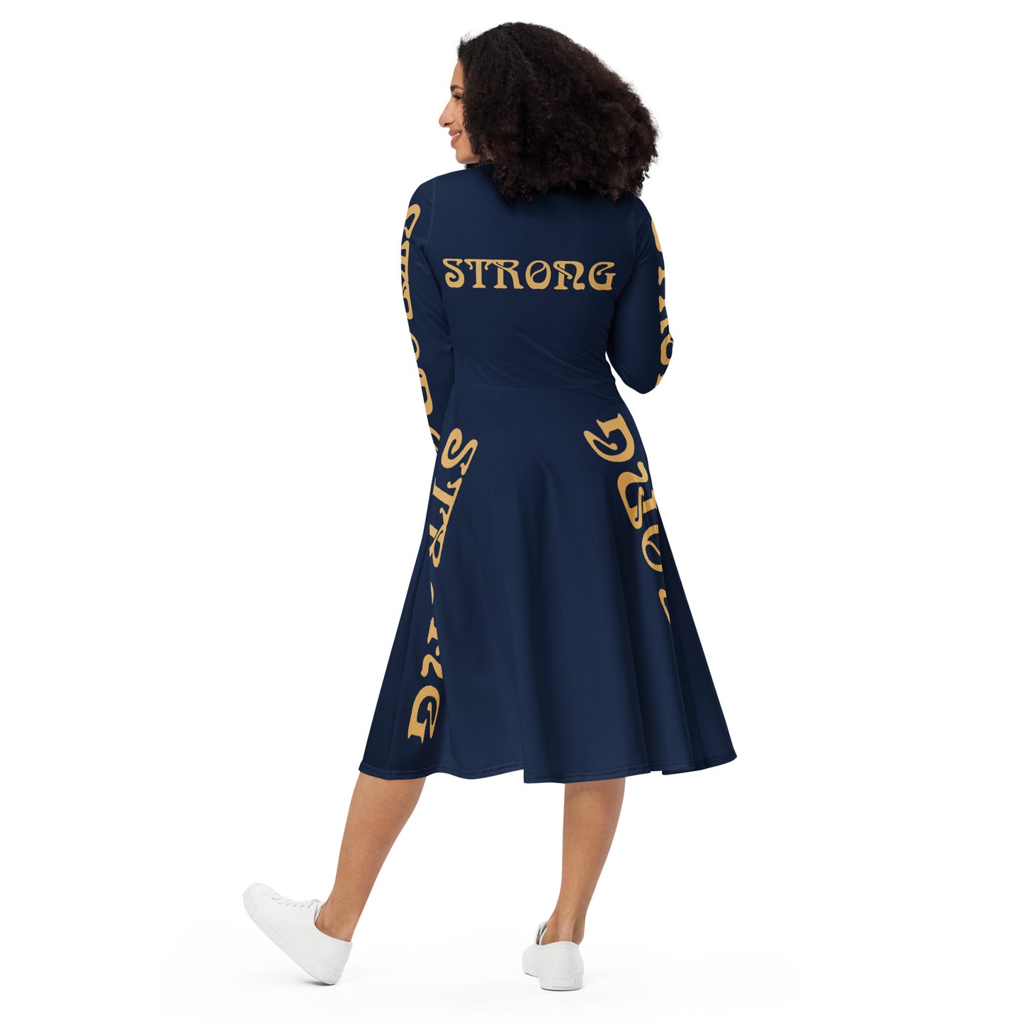 “STRONG”Navy-Blue Long Sleeve Midi Dress W/Fawn Font