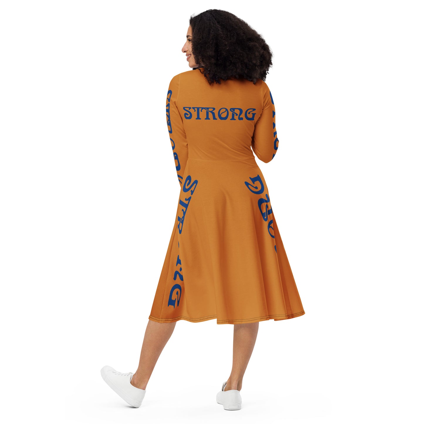 “STRONG”Bronze Long Sleeve Midi Dress W/Navy Font