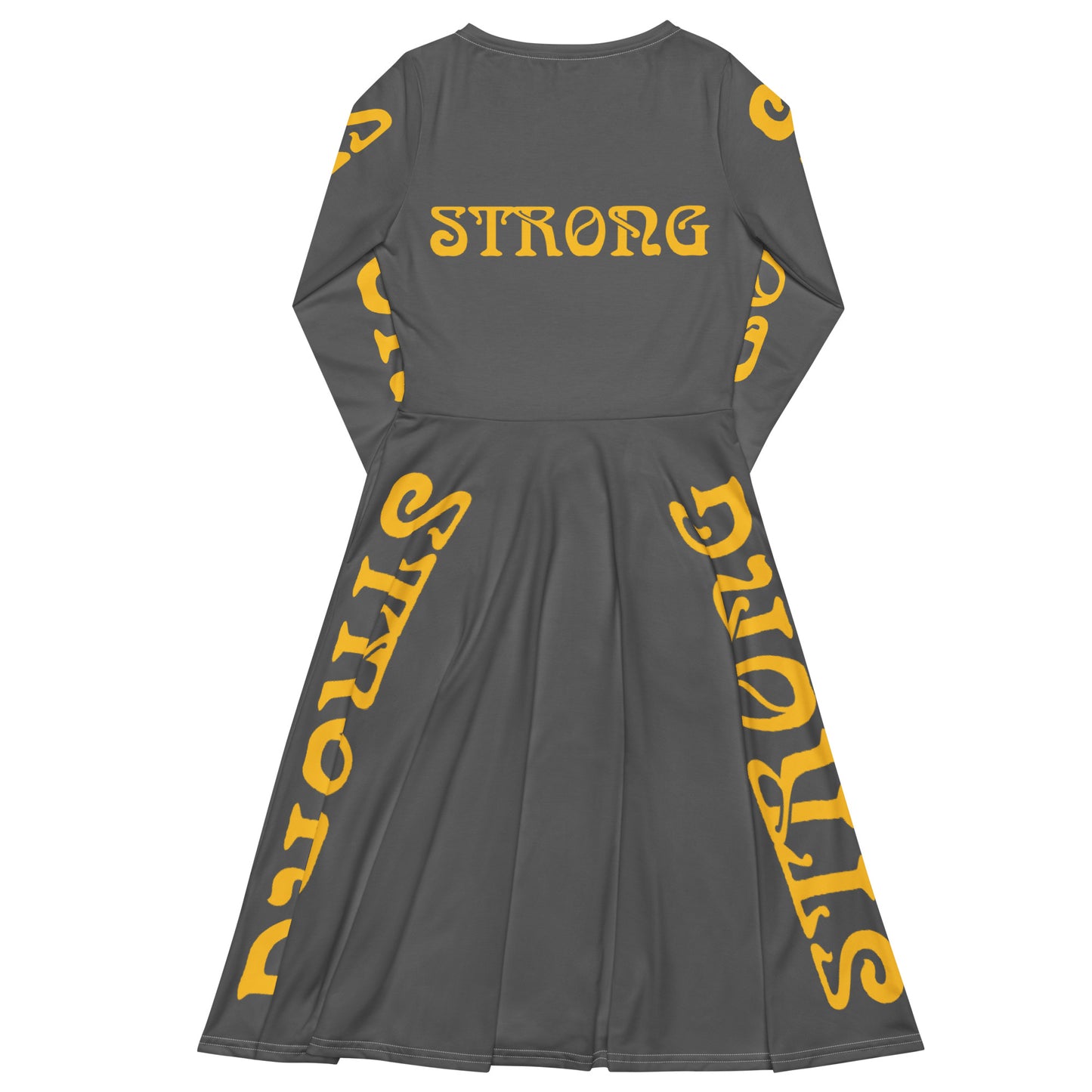 “STRONG”Grey Long Sleeve Midi Dress W/Yellow Font