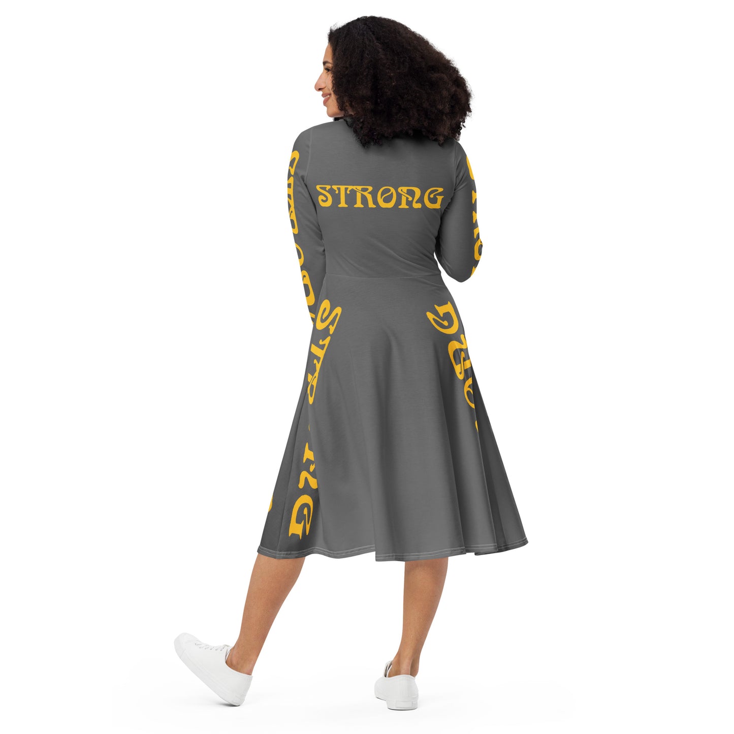 “STRONG”Grey Long Sleeve Midi Dress W/Yellow Font