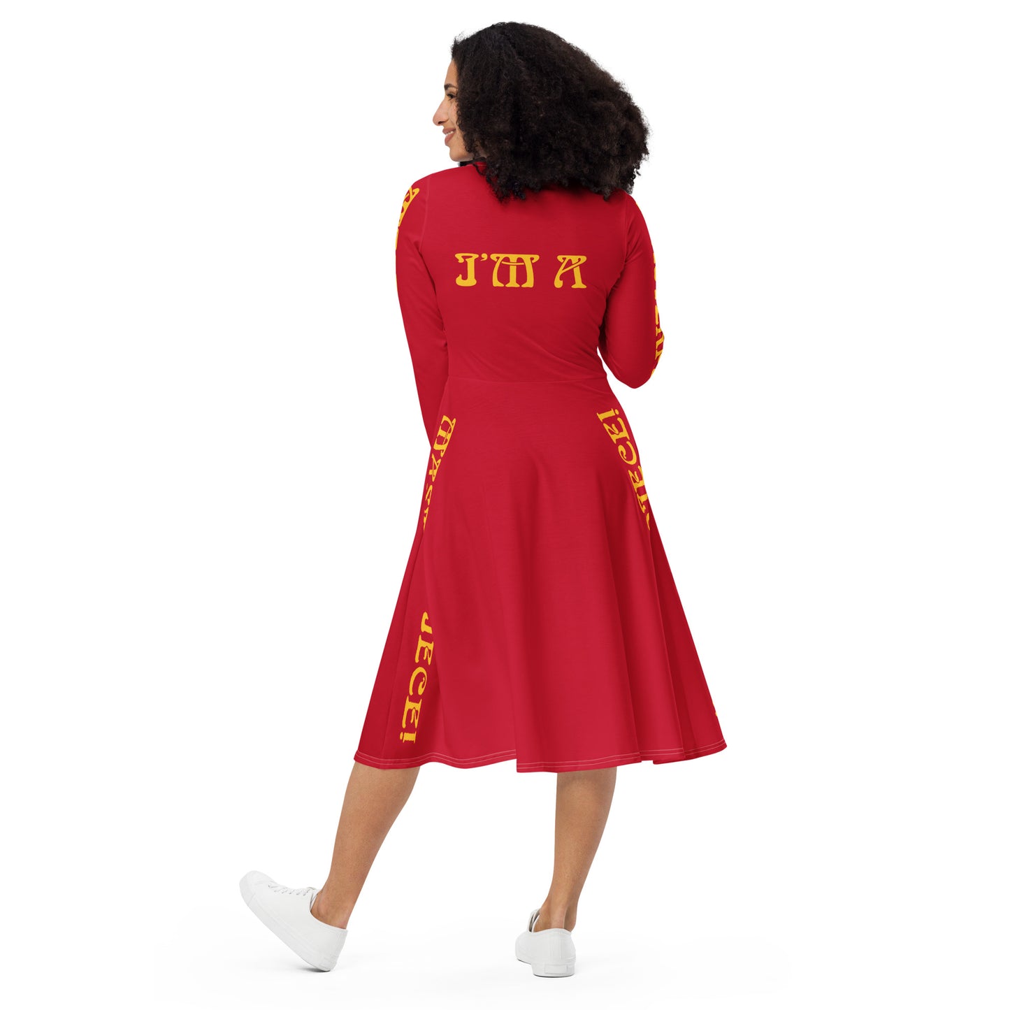“I’M A MASTERPIECE!”Red Long Sleeve Midi Dress W/Yellow Font