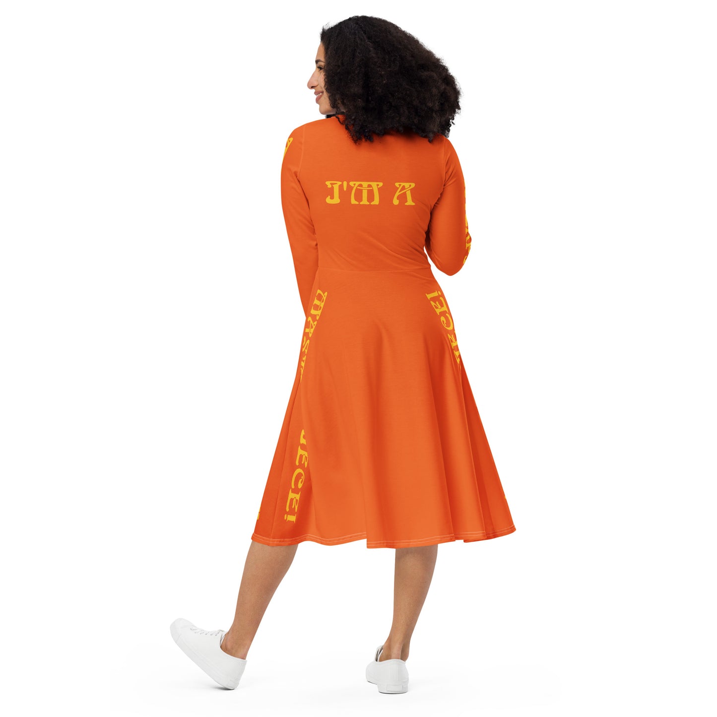 “I’M A MASTERPIECE!"Orange Long Sleeve Midi Dress W/Yellow Font